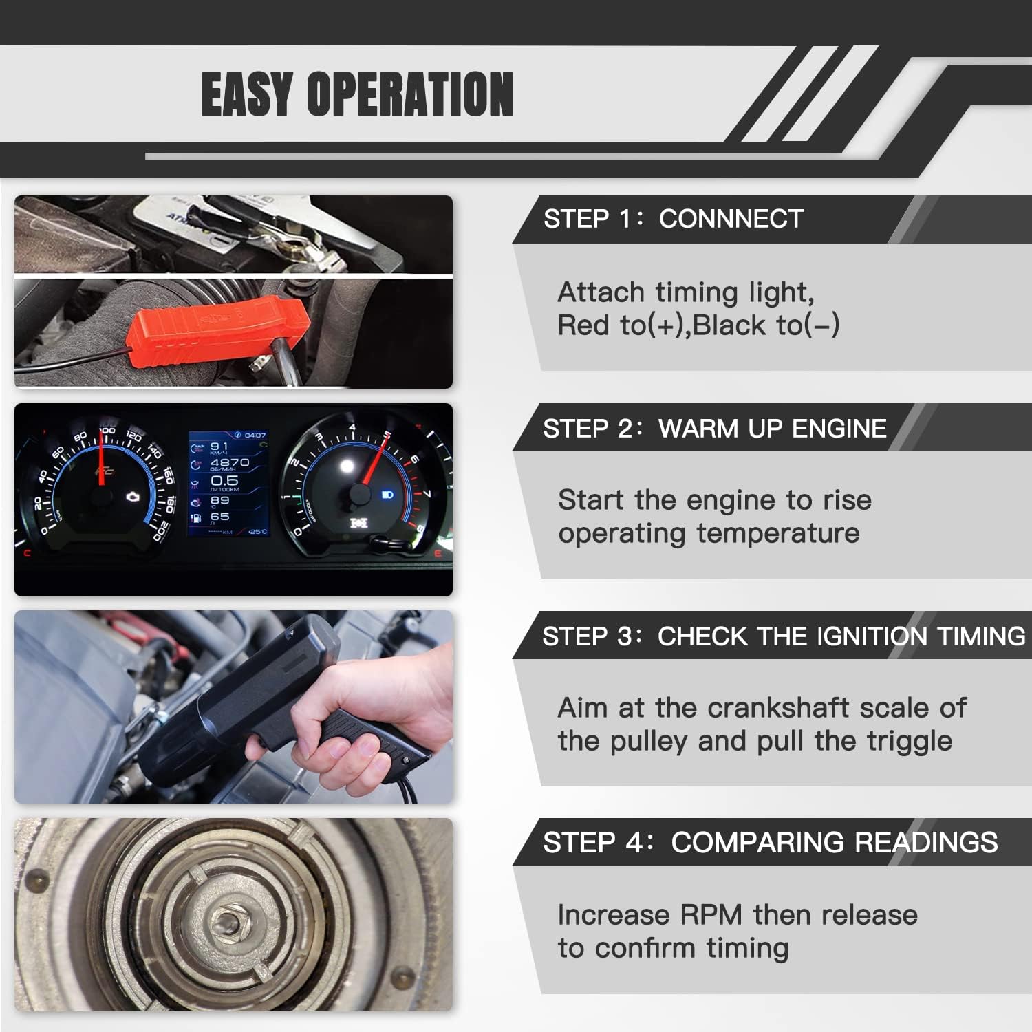 12V Engine Timing Light Strobe Lamp Inductive Petrol Ignition Timing Light Automotive Tool with Spark Plug Tester for Car Motorcycle Marine Lawnmower