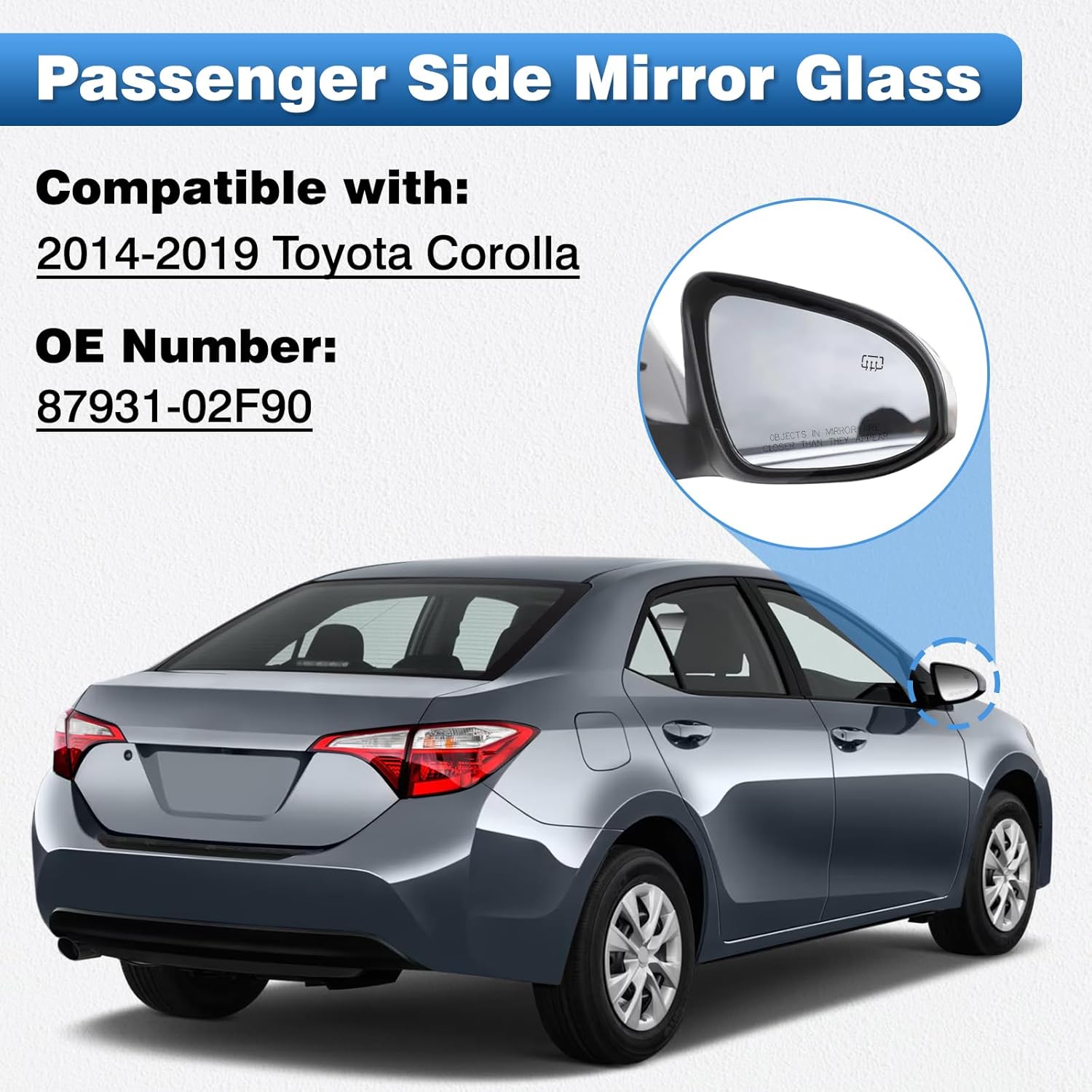 TOP-MAX Passenger Side Mirror Glass Compatible with Toyota Corolla 2014-2019, Right Side Convex Heated Rearview Mirror Glass with 2-Pin Heating Connector, Replaces 87931-02F90