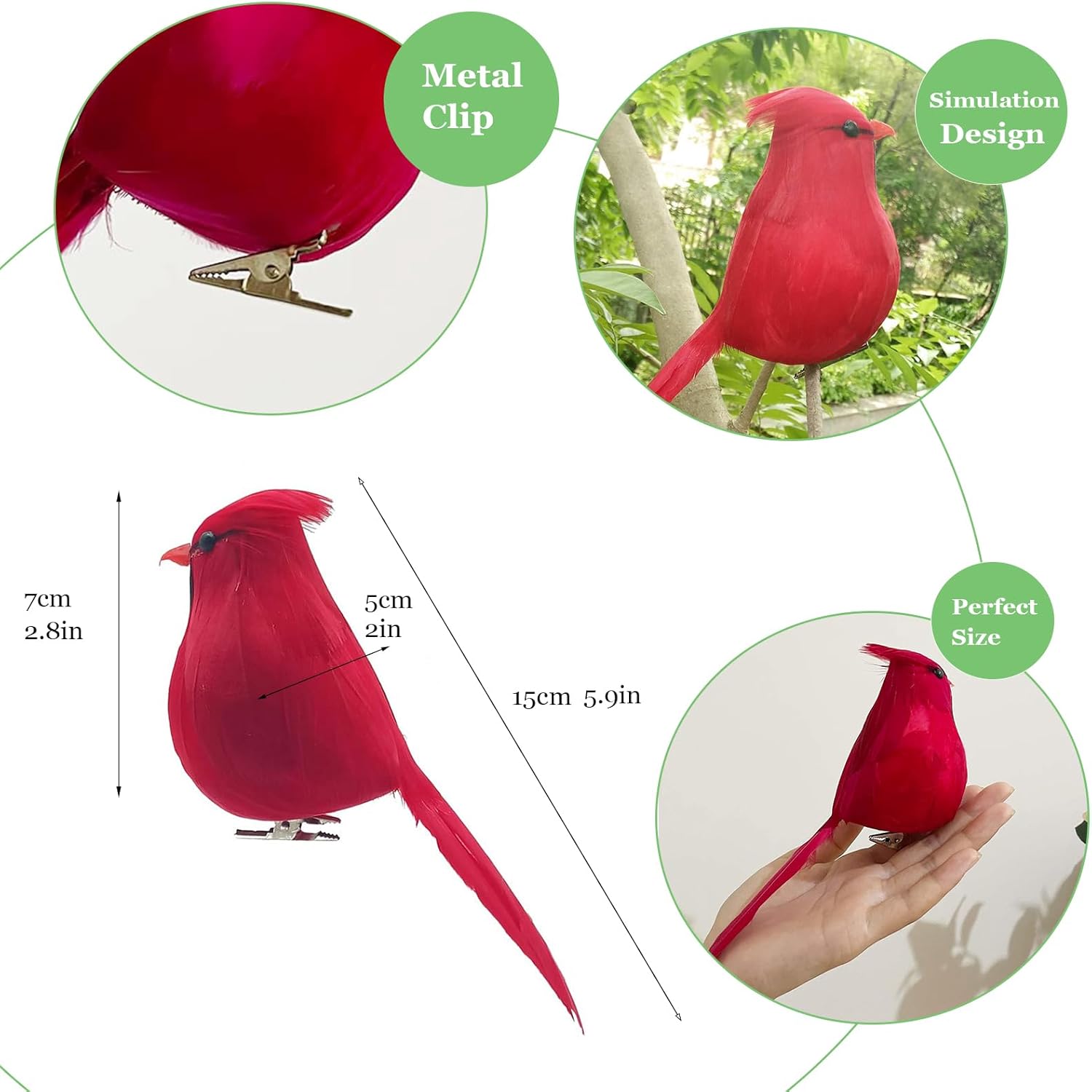 LWINGFLYER 4pcs Red Cardinals Christmas Ornaments Clip on Birds for Crafts Xmas Tree Wreath Decor Floral Arrangements Artificial Birds Realistic Cardinal - Image 2