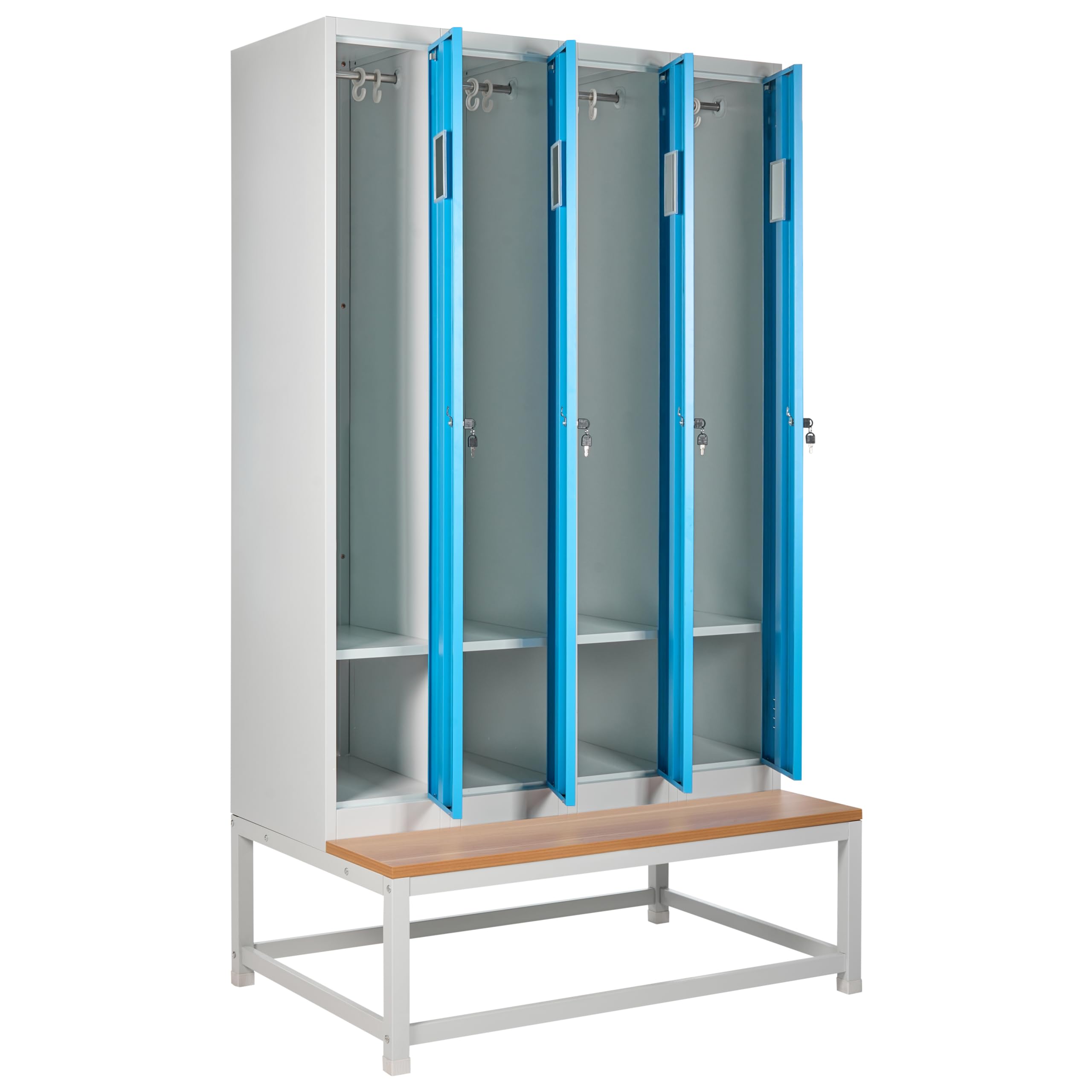Beliani Viererspind Umkleideschrank 4-türig mit Sitzbank Metall grau/blau abschließbar Athlete