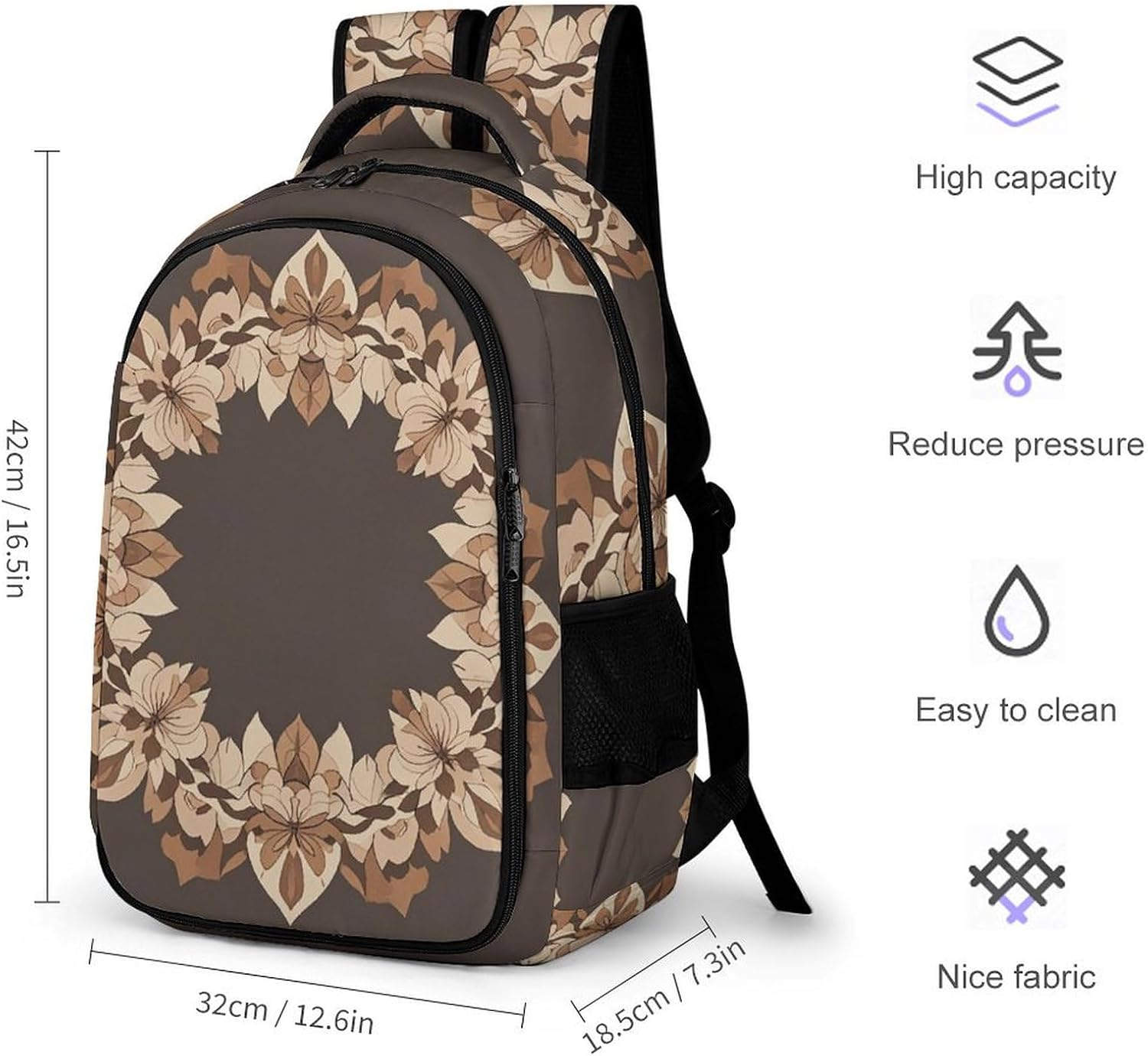 Travel Backpack for Women Men Brown Aesthetic Floral Wreath Laptop Backpack Large Bookbag Computer Bag for Hiking image 2