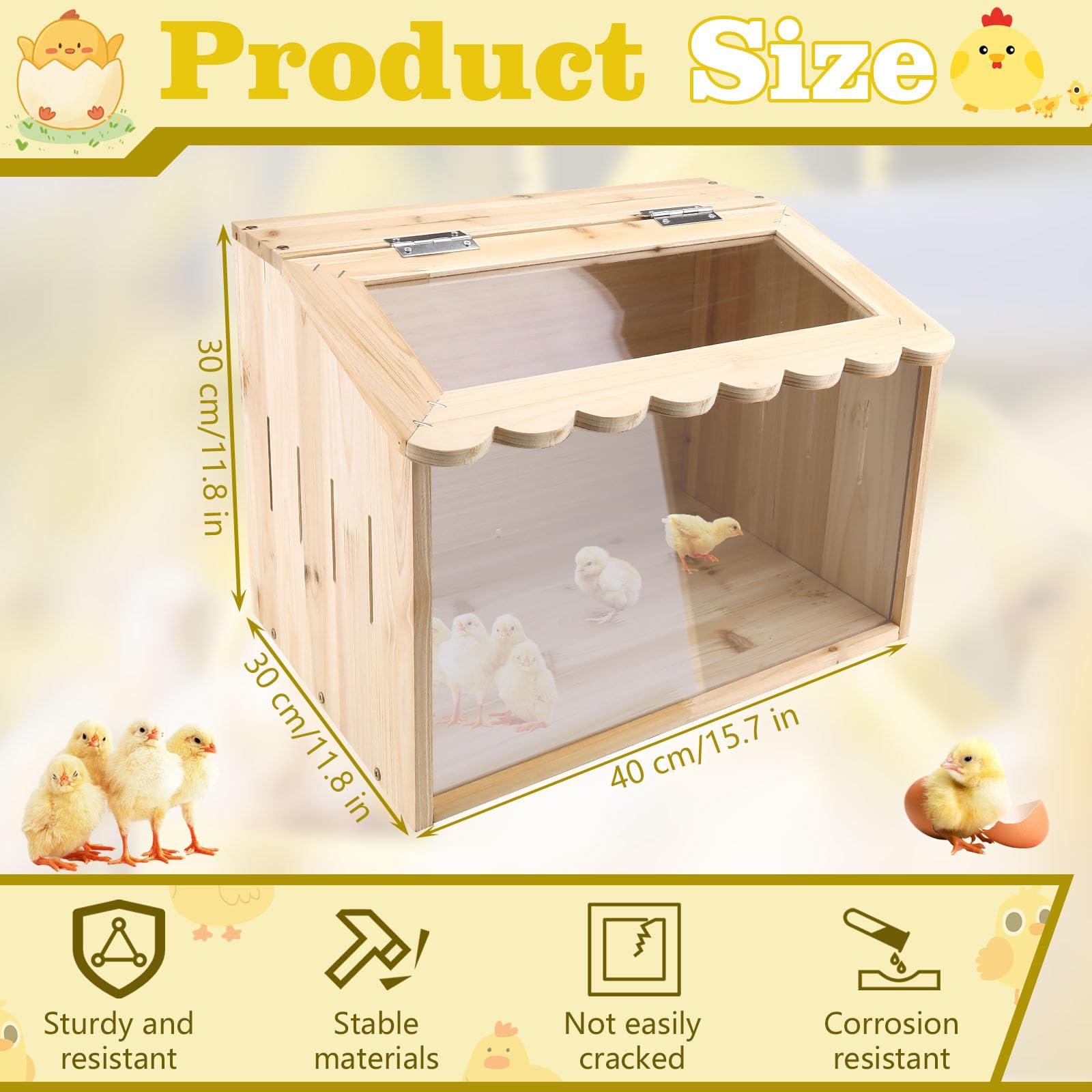 Scatola per allevare polli, grande scatola in legno per pulcini, forniture per polli per bambini, box per animali con parte superiore per polli, anatre, quaglie, criceti (40 x 30 x 30 cm)
