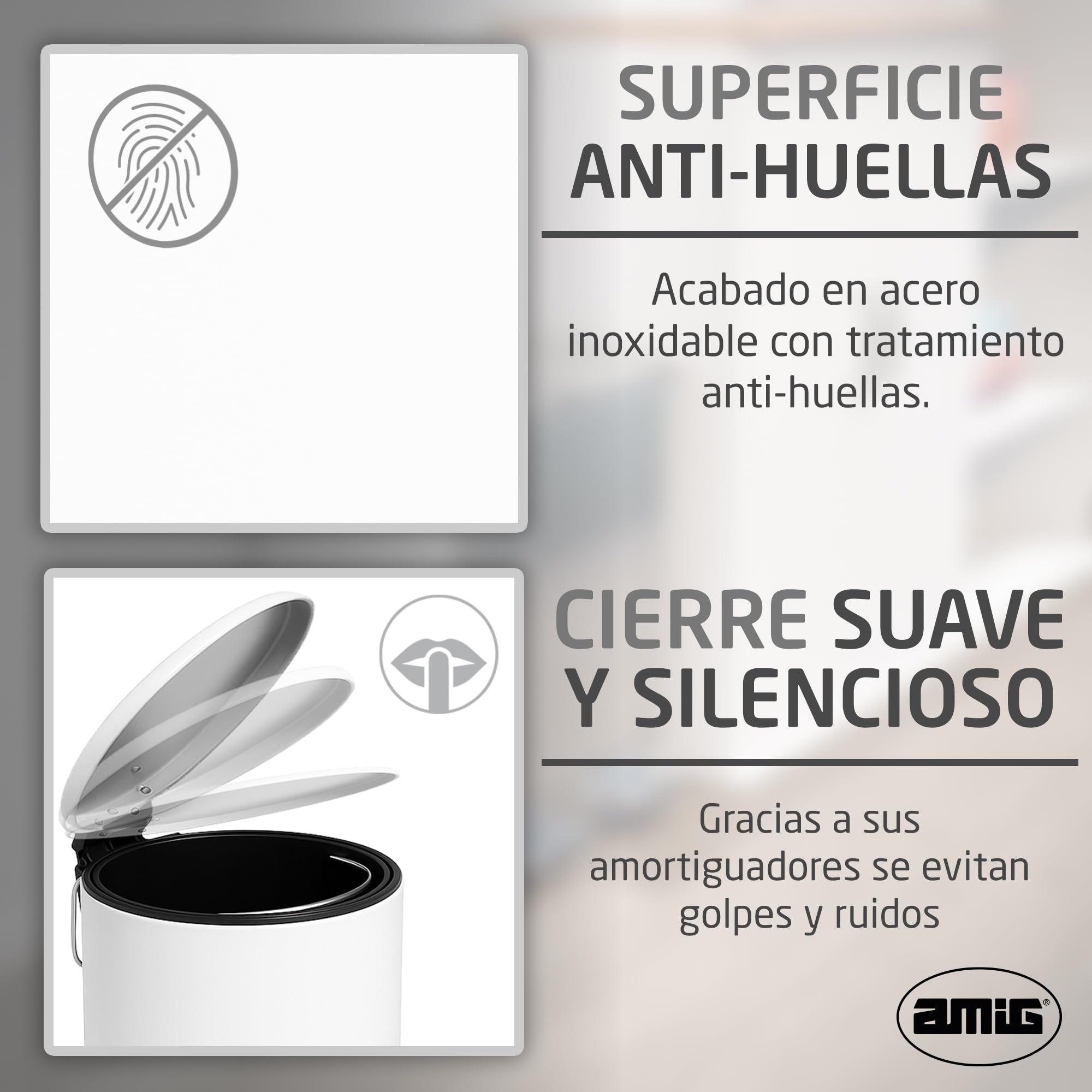 Amig - Cubo de Basura para Baño con Pedal 3 Litros Mod. Tacto - Color Blanco - Apertura Higiénica sin Manos - Ø16,8 x 25,5 cm - Acero Inoxidable Lacado - Papelera Redonda con Cubo Interior Removible