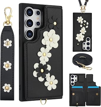 for Samsung Galaxy S25 Ultra Case with Wallet, Magnetic Snap Flip Leather Cover with Flower Design Credit Card Holder Stand Wristband,Samsung S25 Ultra Protective Phone Case for Women