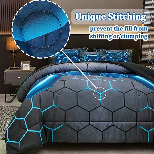 Miniatura 6 de Tasselily Juego de edredón individual de consola de juegos para niños y niñas juego de cama de 6 piezas en una bolsa juego de ropa de cama para