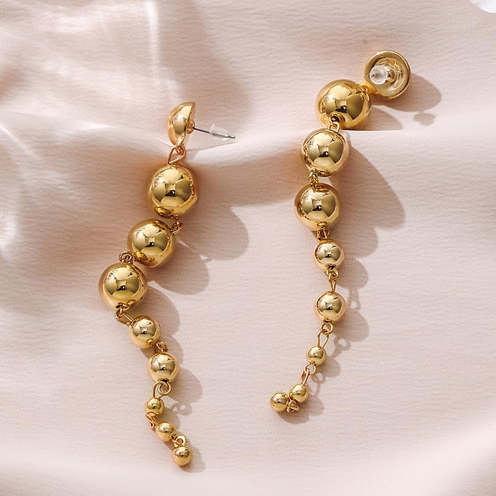 14K Gold Beaded Tassel Drop Earrings for Women,Trendy Long Ball Dangle Earrings for Party Prom,Metal Round Ball Earrings Jewlry Gifts - Image 8