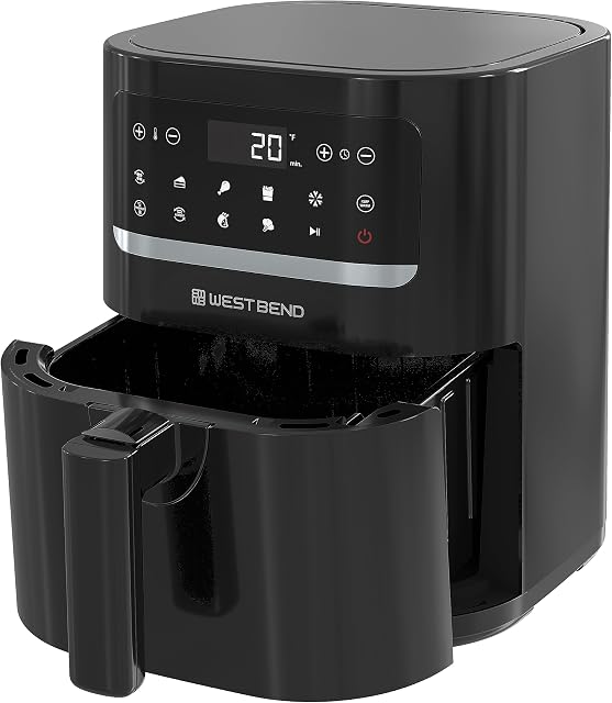 Friteuse à air compacte West Bend 5-quarts avec commandes numériques et 10 préréglages de cuisson, panier de friture antiadhésif, 1500 Watts, Noir