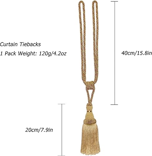 Miniatura 5 de BEL AVENIR Paquete de 2 alzapaños de cortina con borlas, cuerdas hechas a mano, sujetadores para el hogar, oficina, hotel, decoración (dorado)