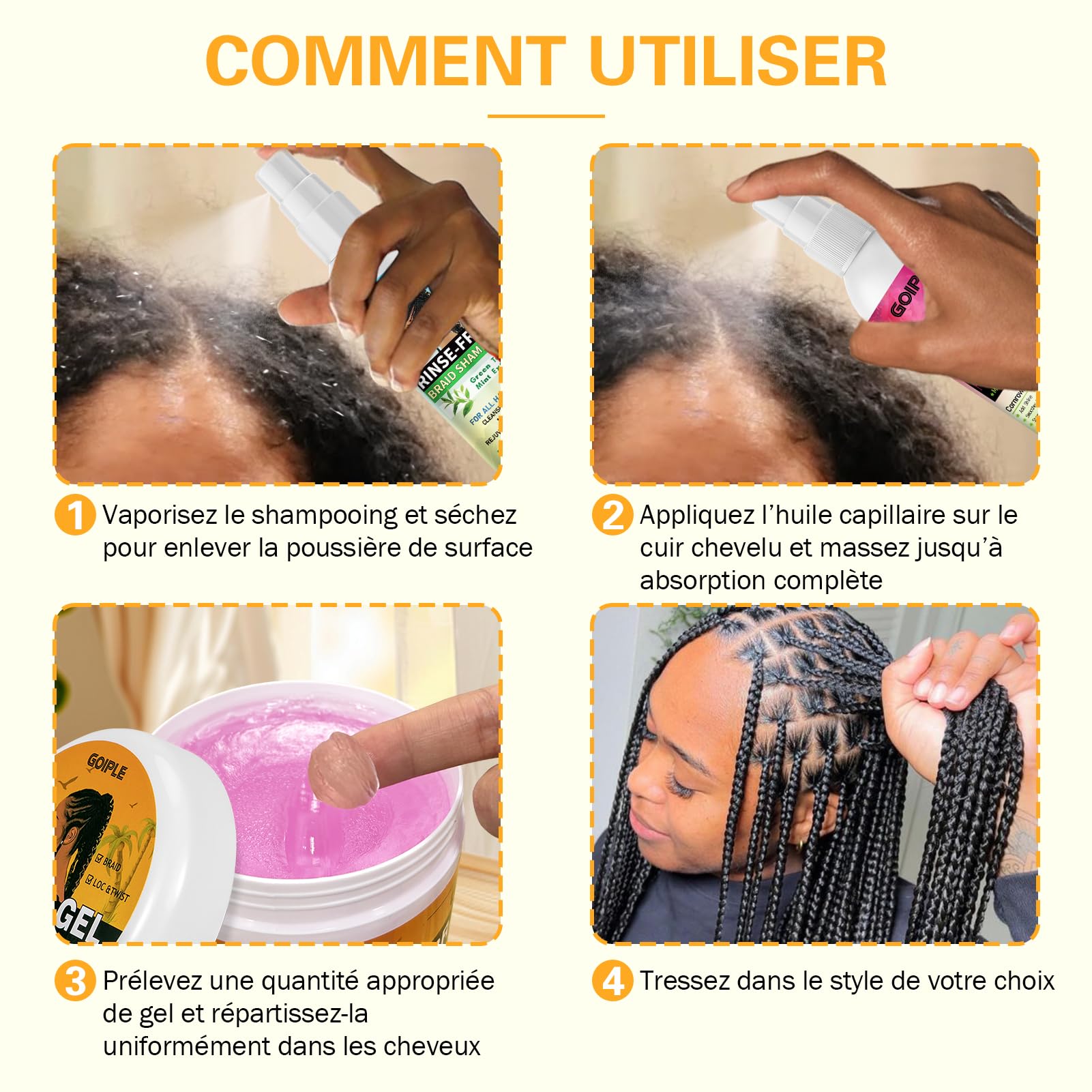 Coffret Gel Cheveux Bouclés avec Shampoing Tressé et Huile Spray – Lissant pour Twists, Locs, Tresses, Cornrows et Contrôle des Bords – Gel Cheveux Afro Kit Soin Coiffant Tressé Facile à Utiliser
