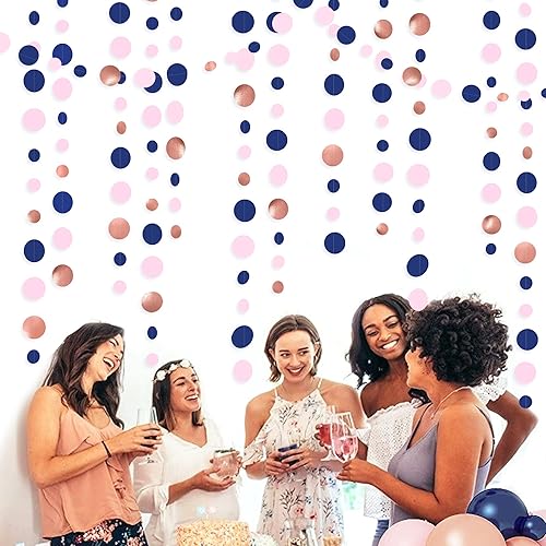 Miniatura 5 de Guirnalda de 14 metros de azul marino, rosa pálido, lunares circulares, azul real, rosa, oro rosa, papel colgante con lunares para decoraciones