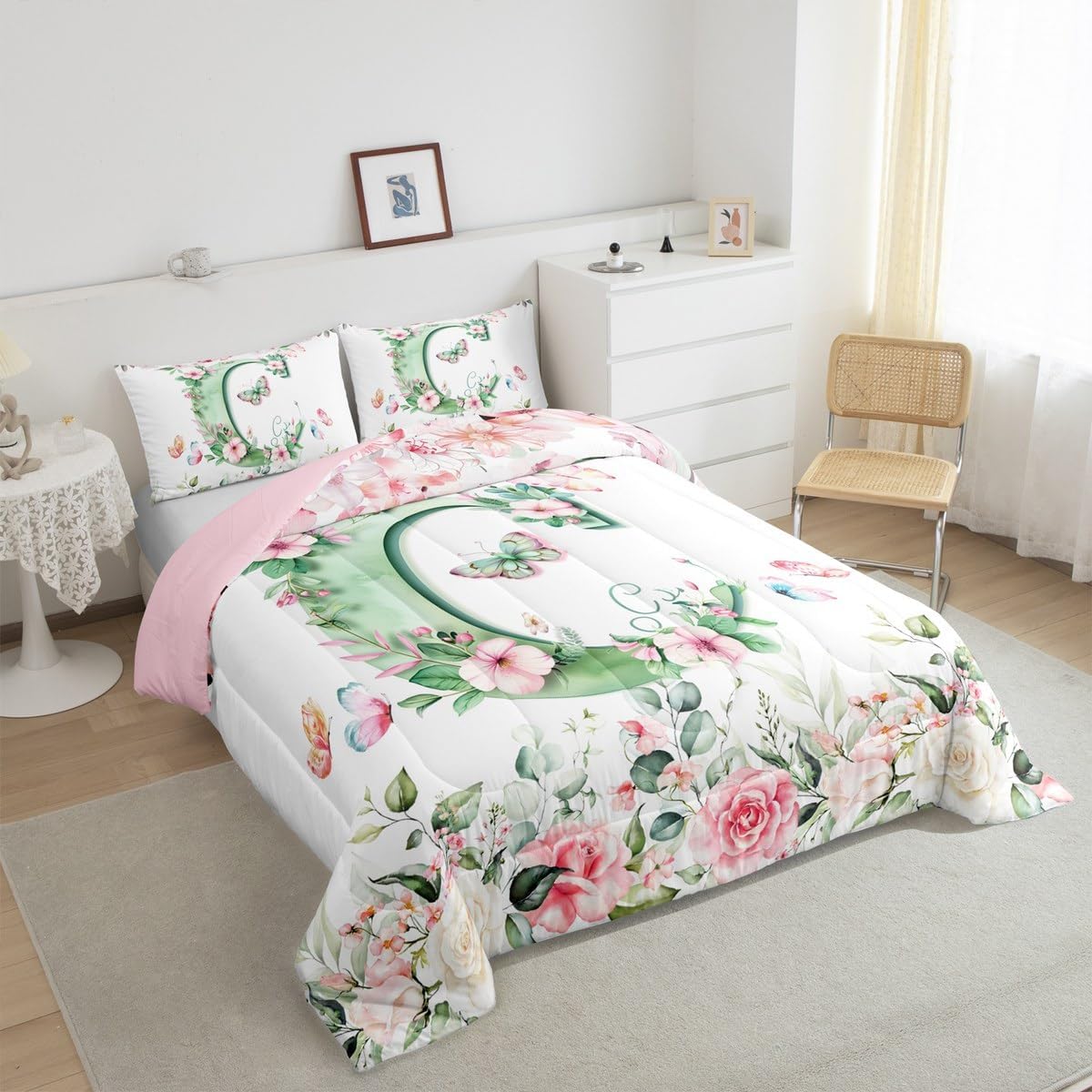 Erosebridal Initial Alphabet C Twin Comforter for Kids Boys Girls,Green Watercolor Letter Bedding Set Personalized Letter C Comforter Set Pink Flowers Garden Plants Quilt Duvet