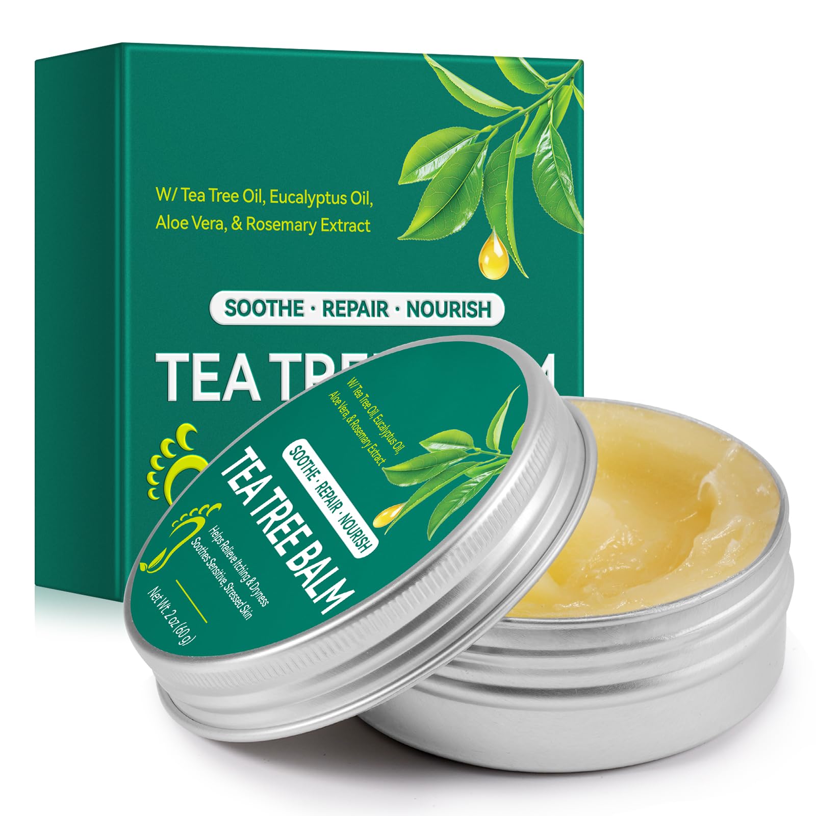 Tea Tree Oil Balm 60g, Natural Plant-Based Moisturizing Ointment for Dry & Sensitive Skin, with Aloe, Green Tea & Rosemary Extracts, Non-Greasy Skin Care for Hands, Feet, Elbows & Body