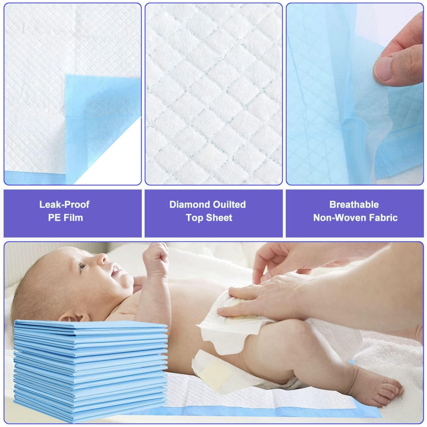 Paquete de 100 cambiadores desechables, pañales grandes a prueba de fugas, almohadilla impermeable para cambiar pañales, transpirable, grande, desechable, ultra absorbente, 17 x 13 pulgadas