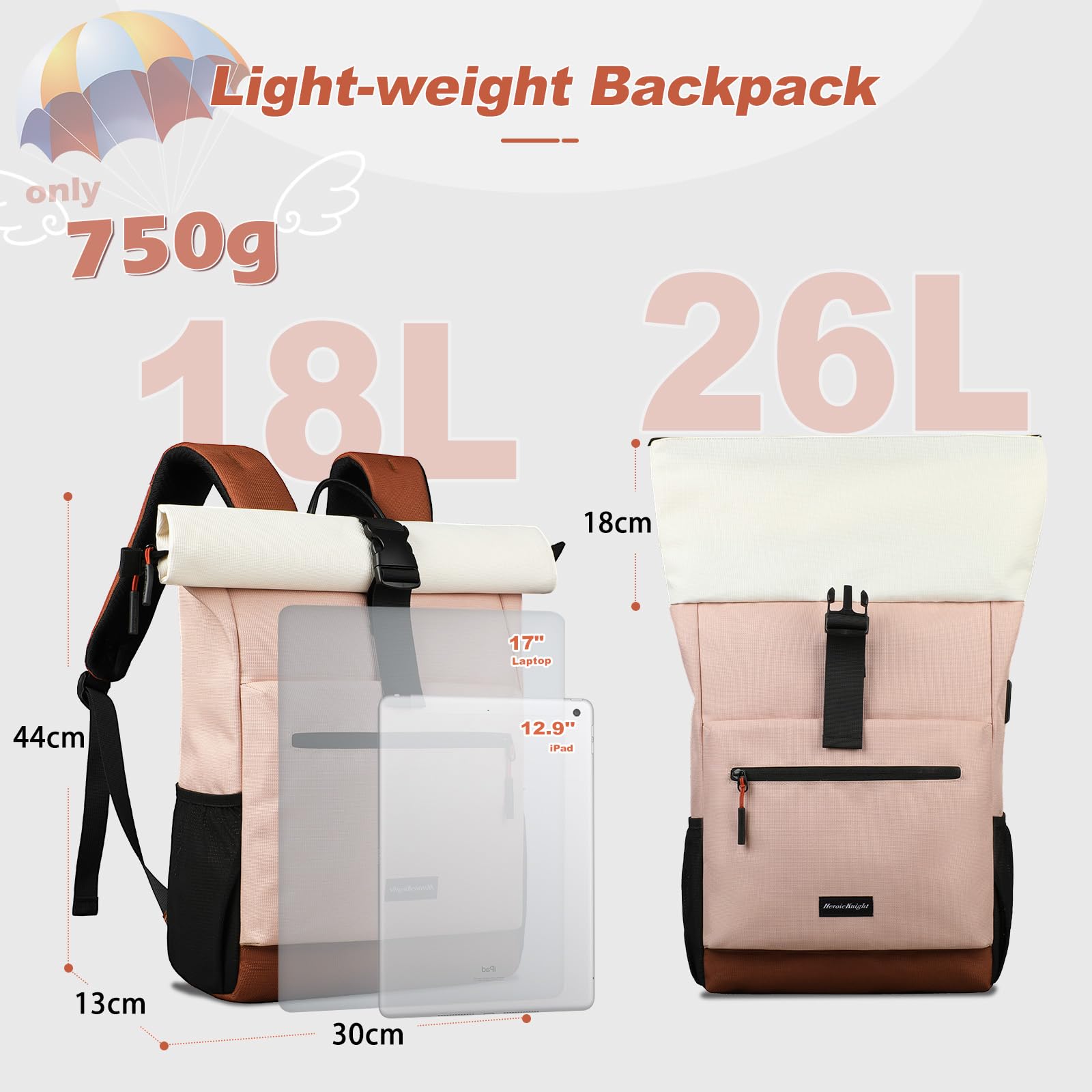 hk Mochila Roll Top para Mujer, Mochila Portátil para Laptop de 17 Pulgadas | Mochila Impermeable con Puerto USB A&C, Mochila Antirrobo Expandible 18-26L para Trabajo Universidad Viajes y Uso Diario,Rosa