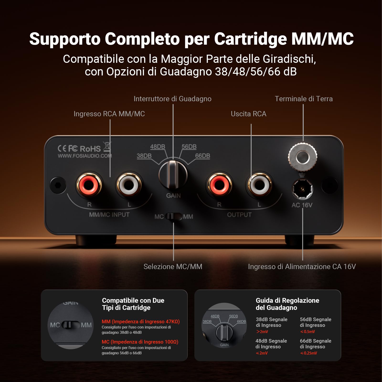 Fosi Audio BOX X5 Preamplificatore Fono, Amplificatore per Giradischi MM e MC, Guadagno Regolabile 38/48/56/66 dB, Uscita RCA