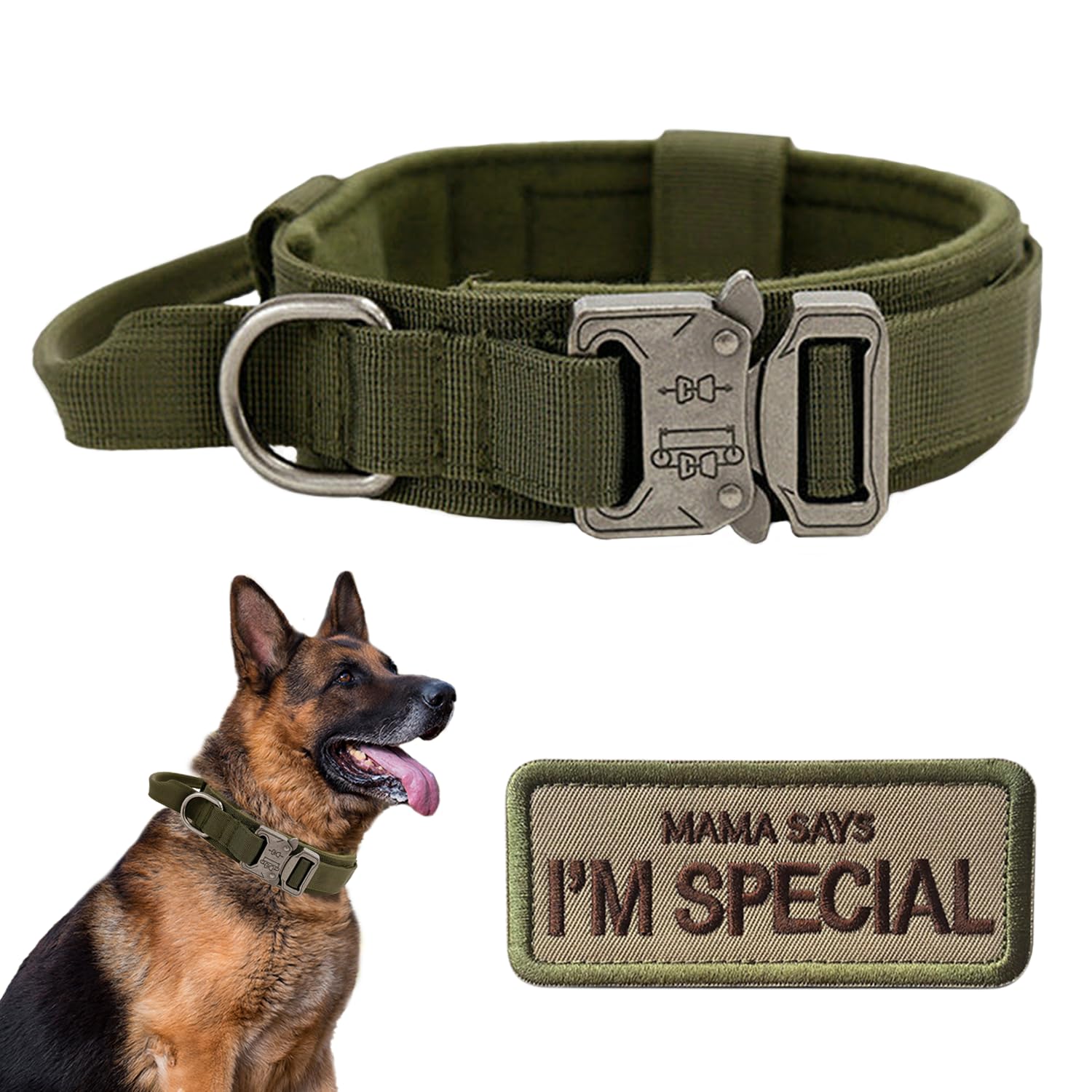 Tactical Dog Collar with Handle - Military Adjustable Dog Training Collar Soft Nylon and Heavy Duty Metal Buckle for Medium Large Dogs - with Patch (
