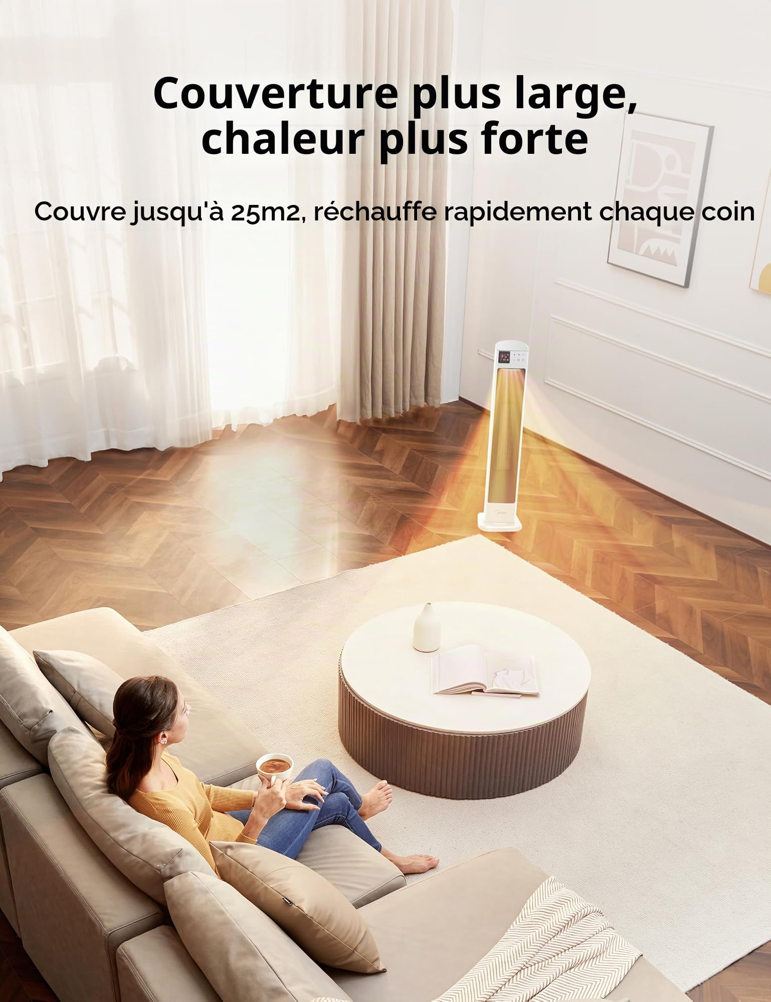 Midea Chauffage Électrique Économique et Silencieux avec Télécommande, PTC 2000W Radiateur en Céramique avec Thermostat, Minuterie 24H, Mode ÉCO, pour Grandes Pièces, Oscillation à 75°, 76,5CM