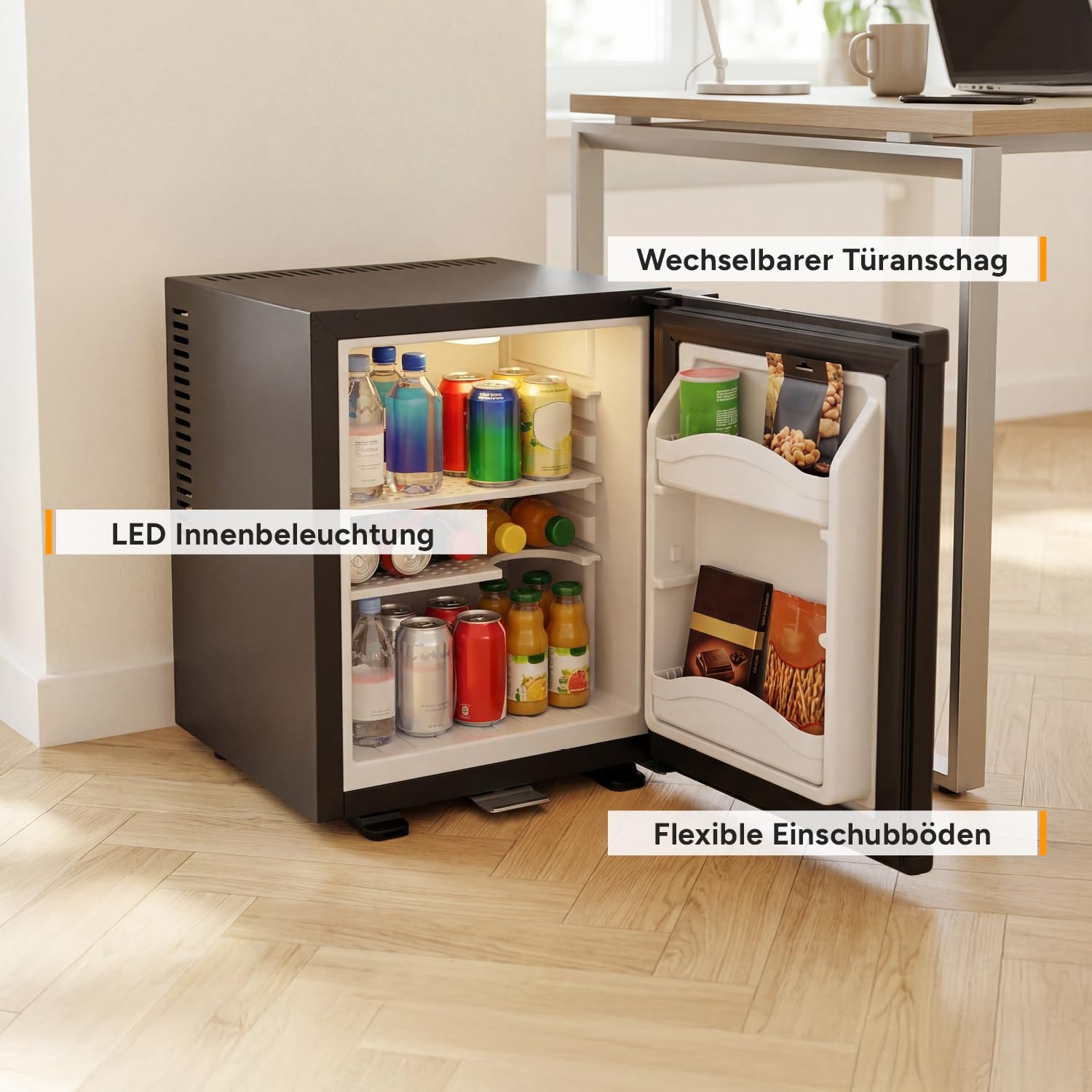 TZS First Austria - Mini Kühlschrank 30L komplett lautlos - Kleiner Minikühlschrank, wechselbarer Türanschlag & Innenbeleuchtung - Minibar für Camping, Büro, Schlafzimmer & Hotel - Mattschwarz