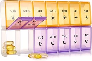 Extra Large Pill Organizer 2 Times a Day, XL Weekly Pill Box Twice a Day, 7 Day AM PM Pill Case, Oversized Daily Medicine Organizer for Vitamins, Fish Oils or Supplement (Yellow Purple)