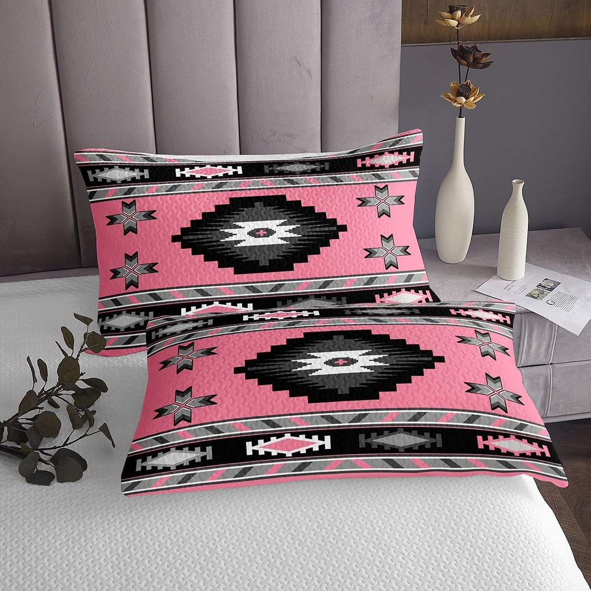 Erosebridal Western King Bedspread Set for Girls Women Bohemian Pink Black Tribal Bedding Sets for Teens Adult Retro Ethnic Aztec Bedding Exotic Coverlet Set Southwestern Indian Bed