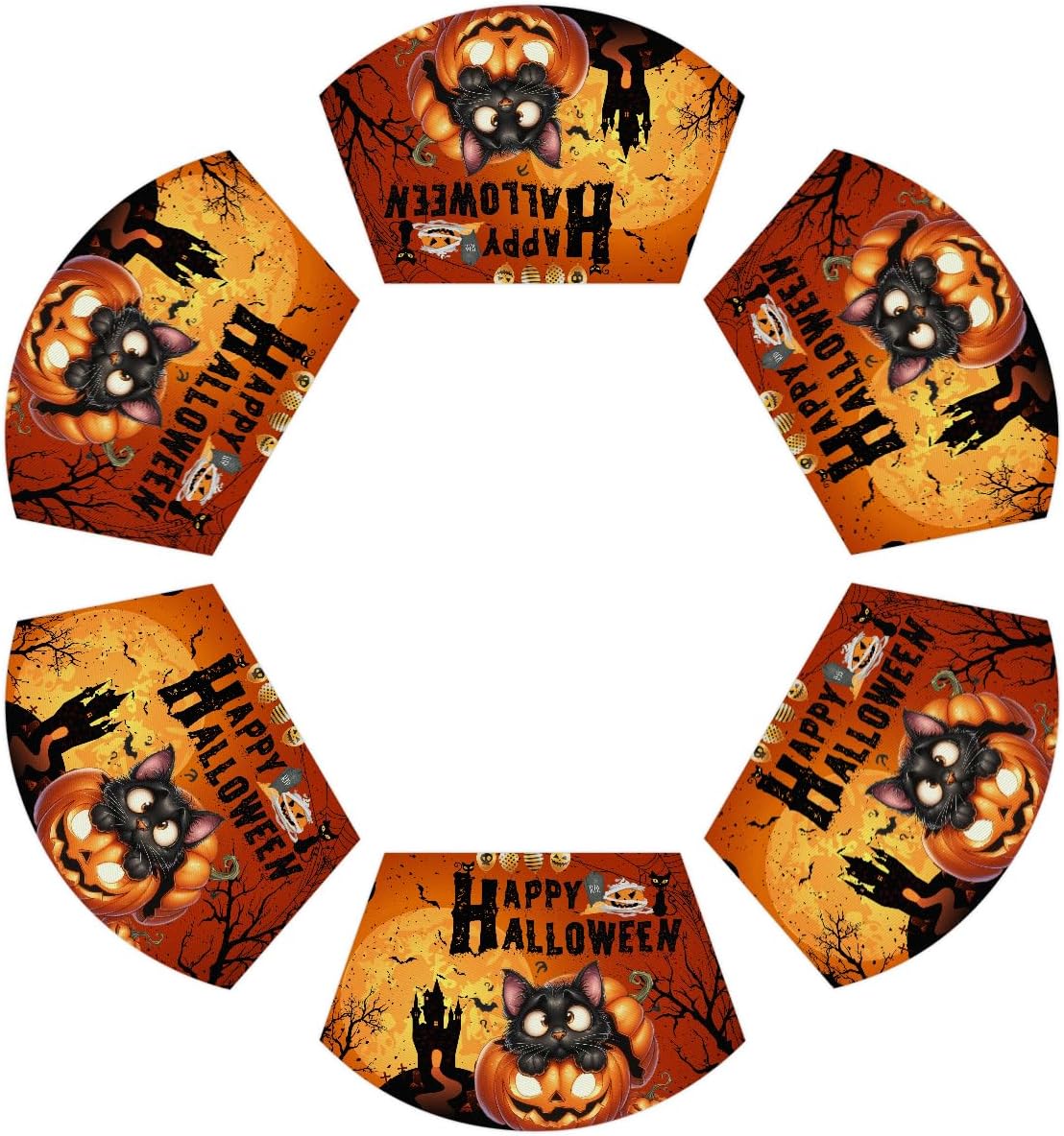Halloween Cat Pumpkin Wedge Placemats Set of 6 pcs PVC Washable Wedge Place Mats Round Table Mat Wipeable Plastic Dining Table Mats for Kitchen Indoor Outdoor Patio Table Decor