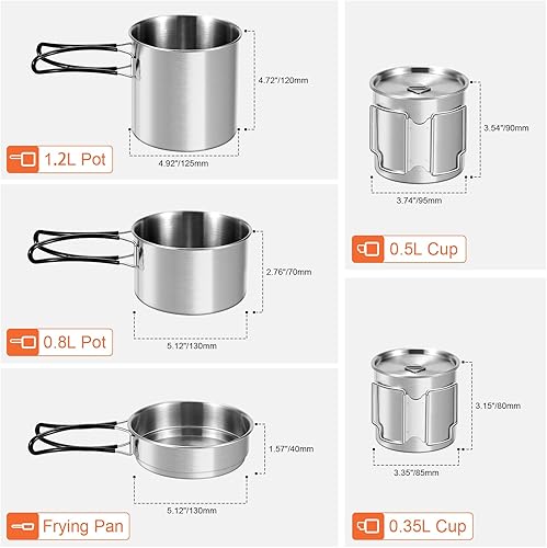 Miniatura 5 de Odoland Juego de ollas y sartenes de acero inoxidable para acampar, 13 piezas, con estufa de camping portátil, kit de desorden con tazas, tenedores,