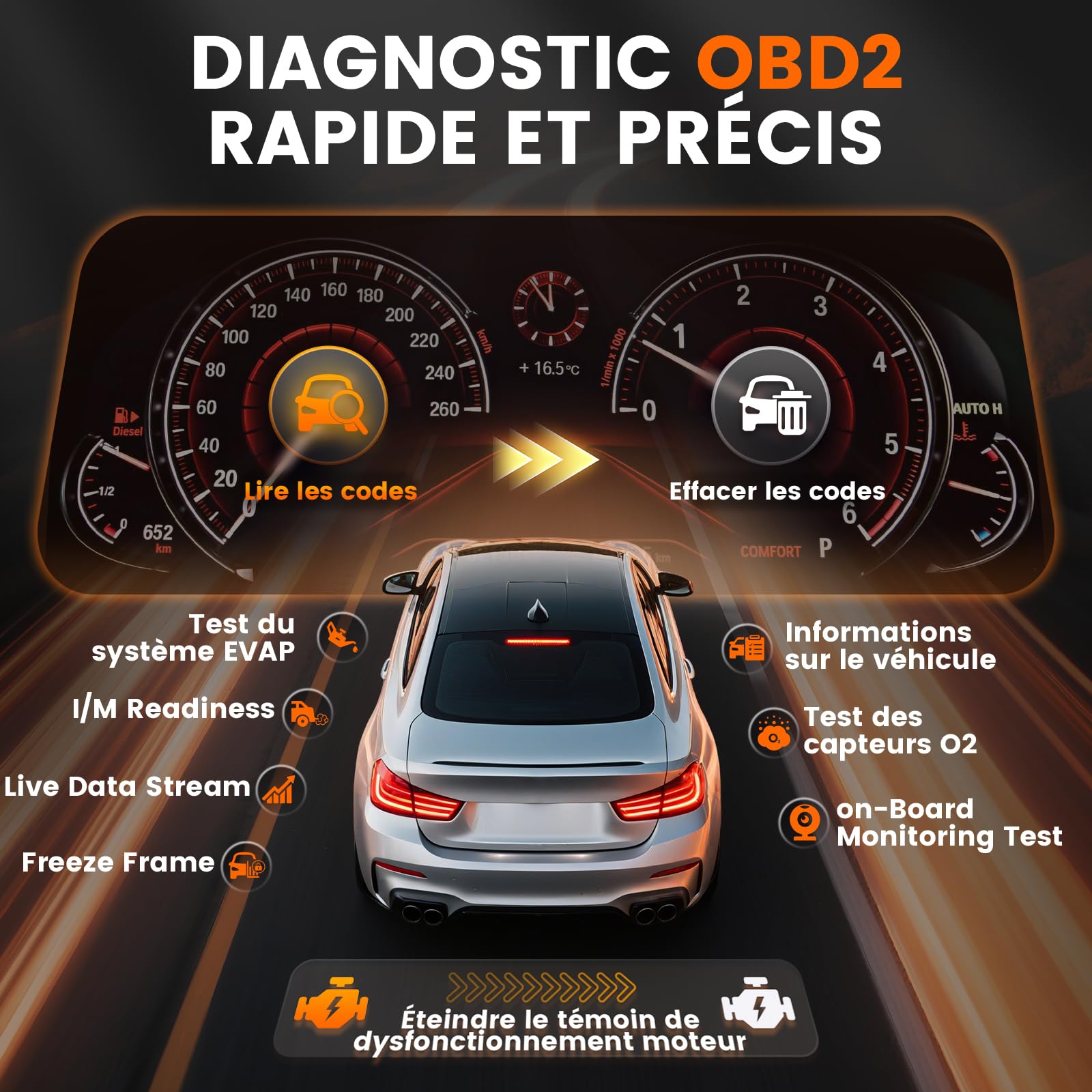 2 in 1 OBD2 Valise Diagnostic Auto et Testeur de Batterie de Voiture Ancel