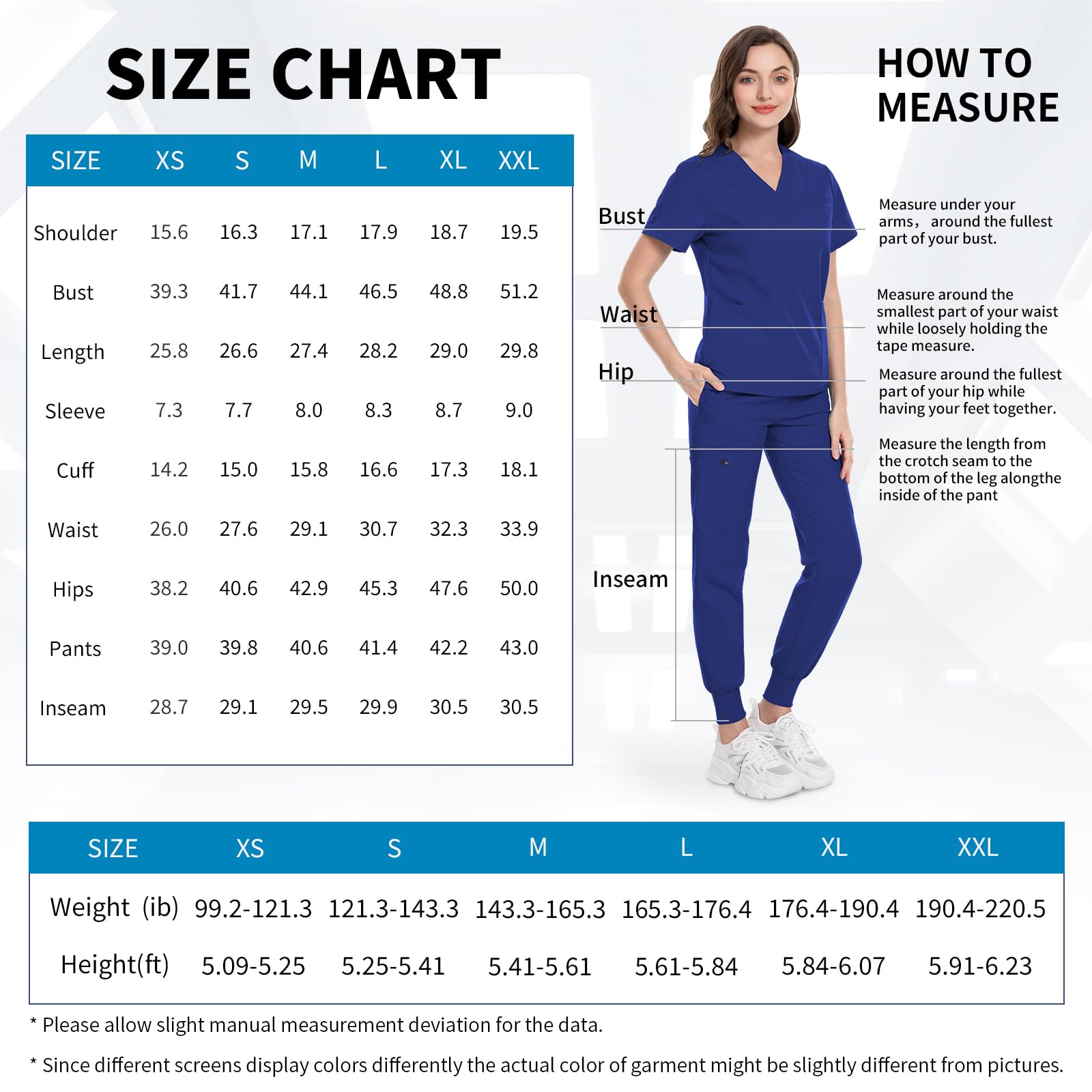 niaahinn Scrubs Top with V-Neck & Multifunctional Pocket Jogger Pants Scrub Suit Medical Uniform for Women (Navy Blue, XXL)