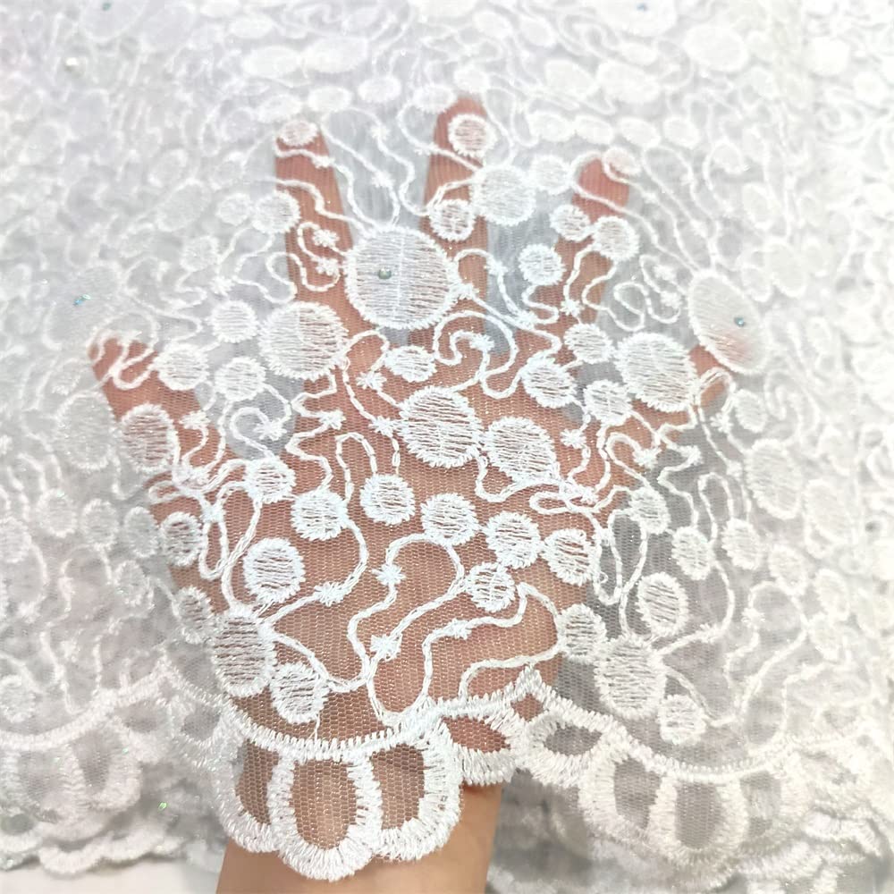 LadyQ Tela de encaje de red africana de oro 2020 nupcial francesa de encaje de tela de 5 yardas vestidos africanos con cuentas de tul cordón de tela de encaje para mujeres 033827 (blanco)