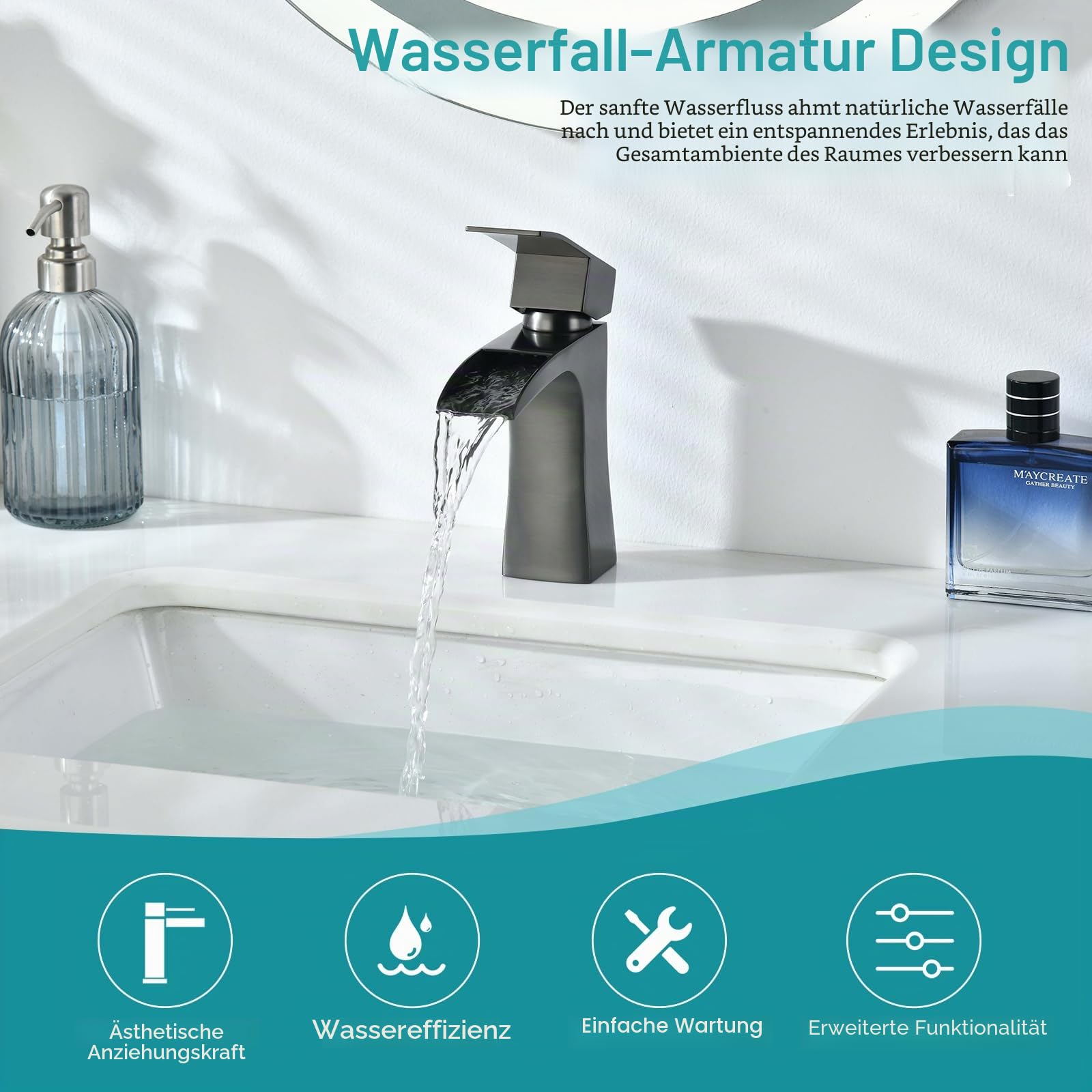 Waschtischarmaturen, Wasserfall-Armaturen für Waschbecken, quadratisch, modern, Garderobenarmatur, Edelstahl-Waschtischarmatur mit DE-Standardschläuchen (Gunmetal Gray)