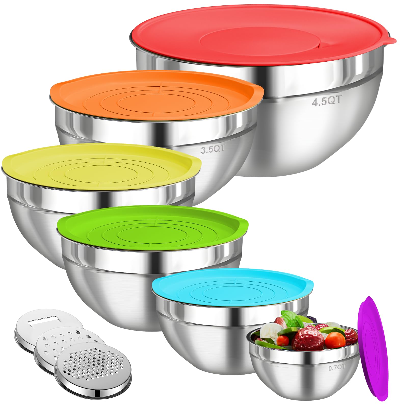 Set di 6 ciotole per mescolare con coperchio, in acciaio inox, con 3 attacchi per grattugia, organizer per alimenti da cucina, ciotole per mescolare, grandi dimensioni 4,5, 3,5, 2,1, 1,5,