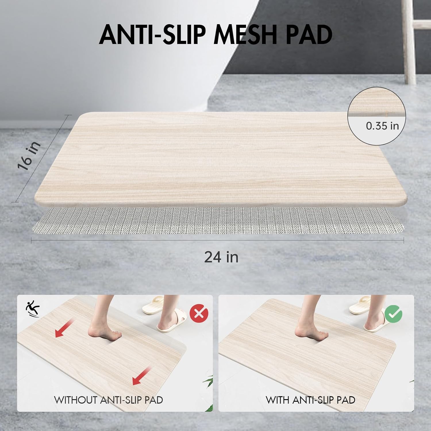 2 Pack Stone Bath Mat for Bathroom|Diatomaceous Earth Bath Mat|Quick Dry Water Absorbing Bath Stone Mat Large|Non-Slip Bathroom Shower Rug|Easy to Clean (24×16'', Wood Grain, Square) - Image 2