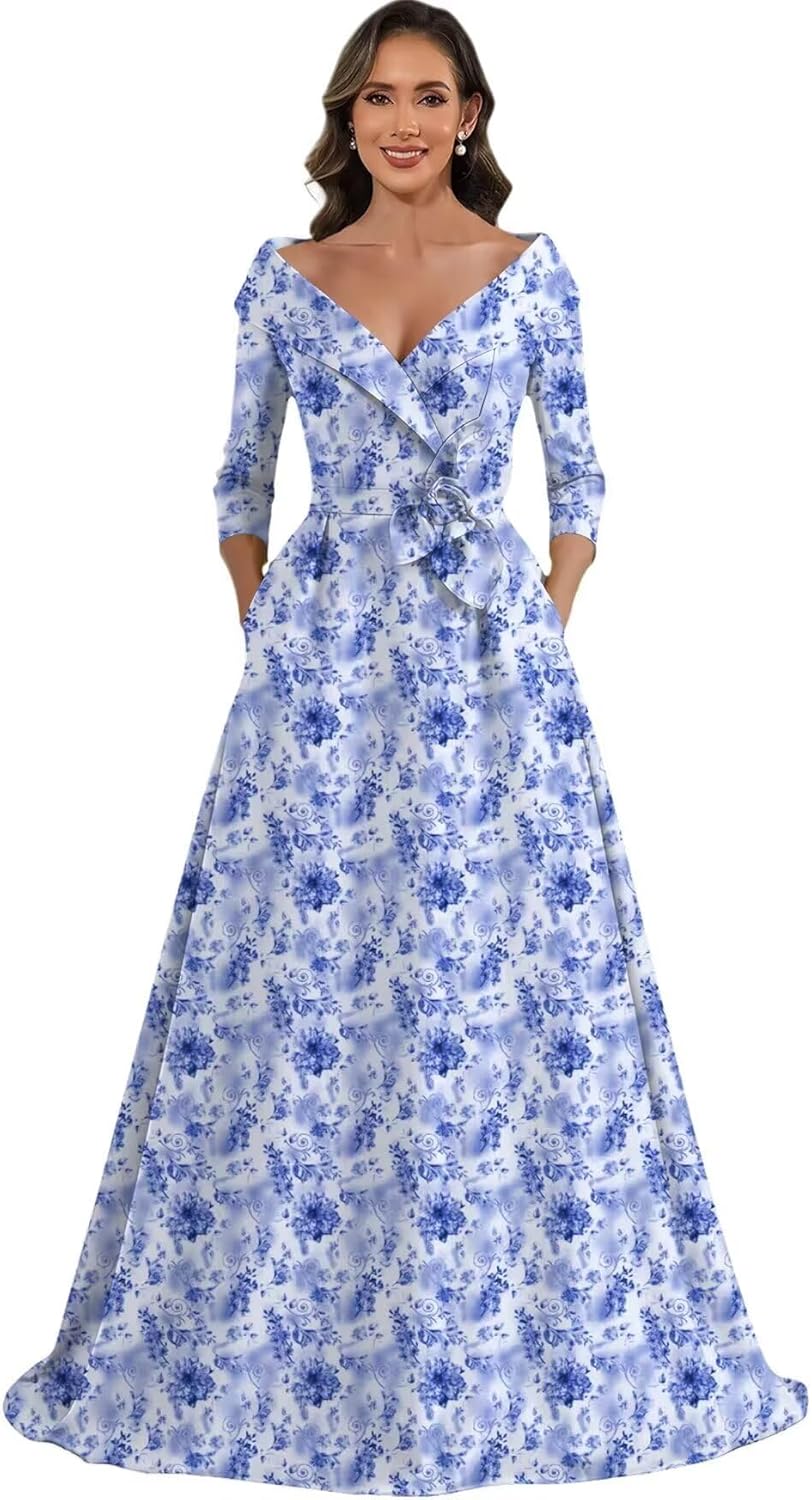 Satin Mother of The Bride Dresses for Women Off The Shoulder Long Sleeve Formal Wedding Guest Dress with Pockets