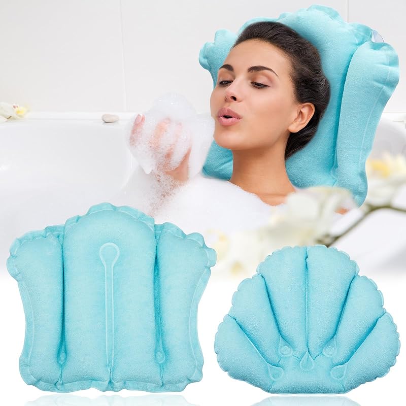 Jetec Almofada Inflável para Banheira com Capa de Terry e Ventosas, Azul, Pacote com 2