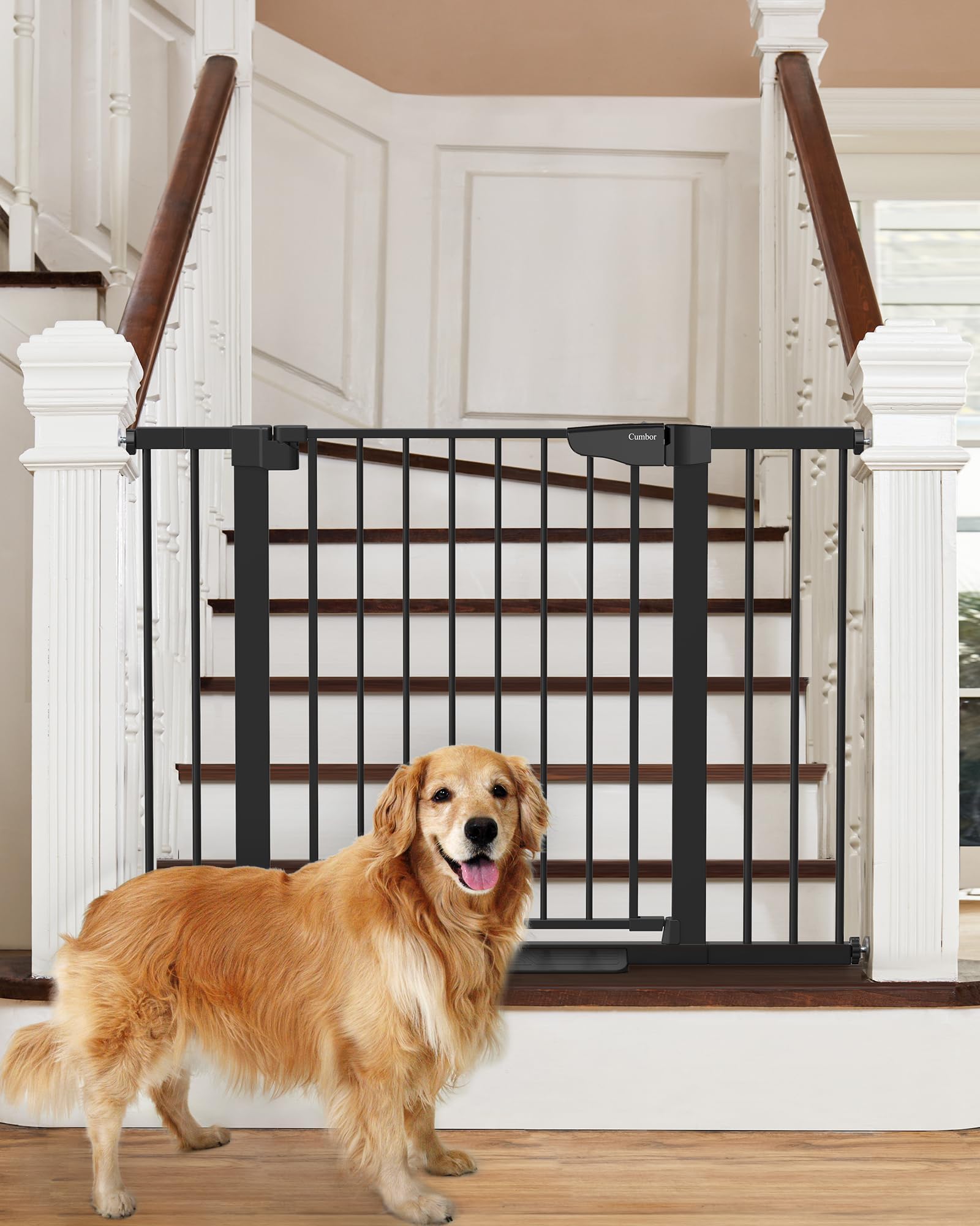 Mom's Choice Awards Winner-Cumbor 29.7-46" Auto Close Baby Gate for Stairs, Easy Install Pressure/Hardware Mounted Dog Gates for The House Indoor, Easy Walk Thru Wide Safety Pet Gates for Dogs, Black