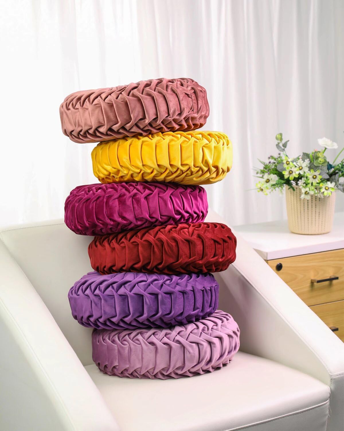 HLOVME Round Velvet Pillow for Couch Small Handmade Decorative Throw Pillow for Bed Bedroom 13.7” Yellow