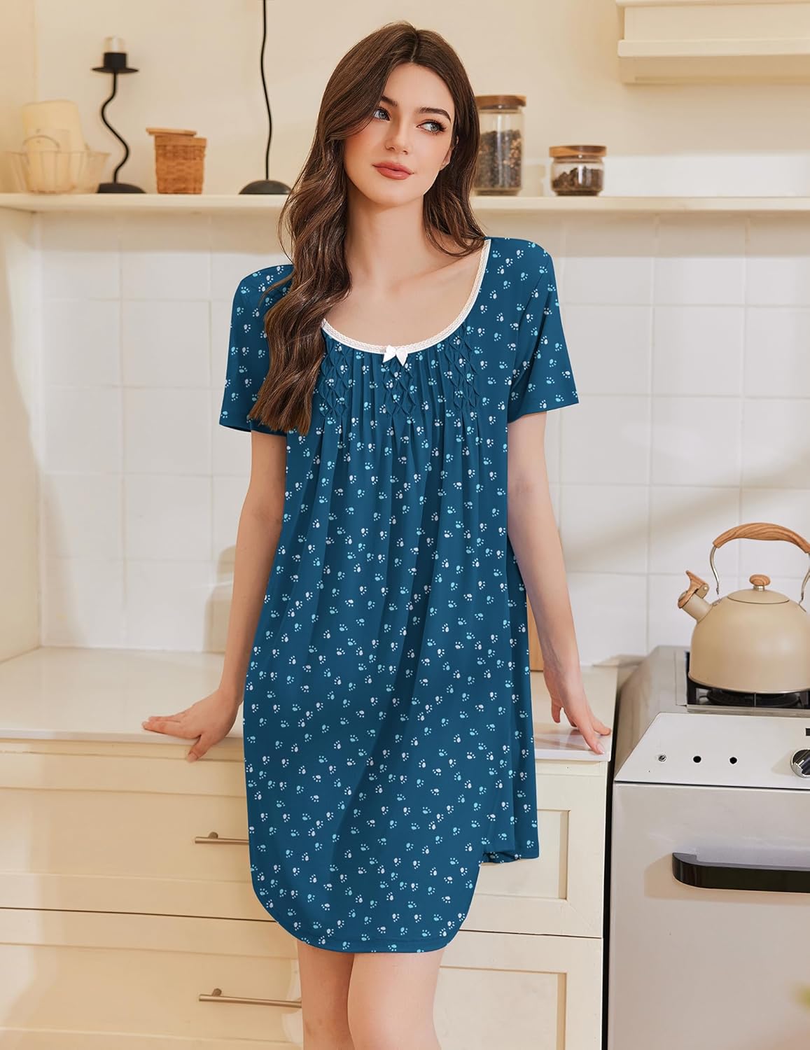 Ekouaer Nightgowns for Women Pleated Sleep Shirts Short Sleeve Night Shirts Lace Trim Night Gown Ladies Sleep Dress - Image 2