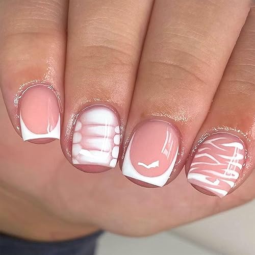 Uñas postizas cortas de punta francesa blanca, uñas postizas cuadradas, uñas acrílicas con pegamento con diseños de estampado de leopardo, uñas a