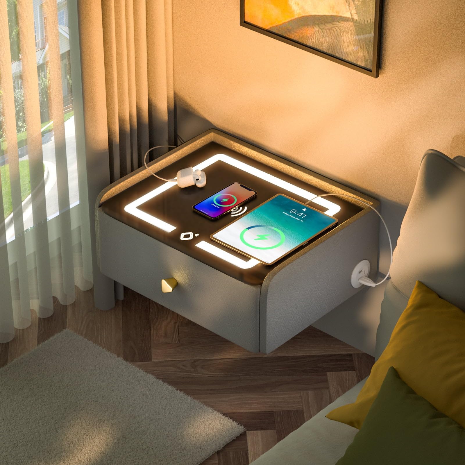 ihomemore Mesita de noche inteligente Mesita de noche flotante LED Mesita de noche con función de carga Opciones de dormitorio inteligente para jóvenes pesimistas…