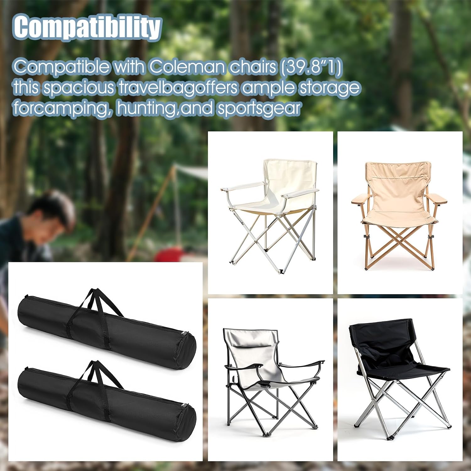 2 Pack Camping Chair Replacement Bag, 47 x 7.4 Inch Heavy-Duty Nylon Carry Bag with Handle Strap for Folding Chairs, Outdoor Camping Sports Storage, Black (Only Bag) image 5