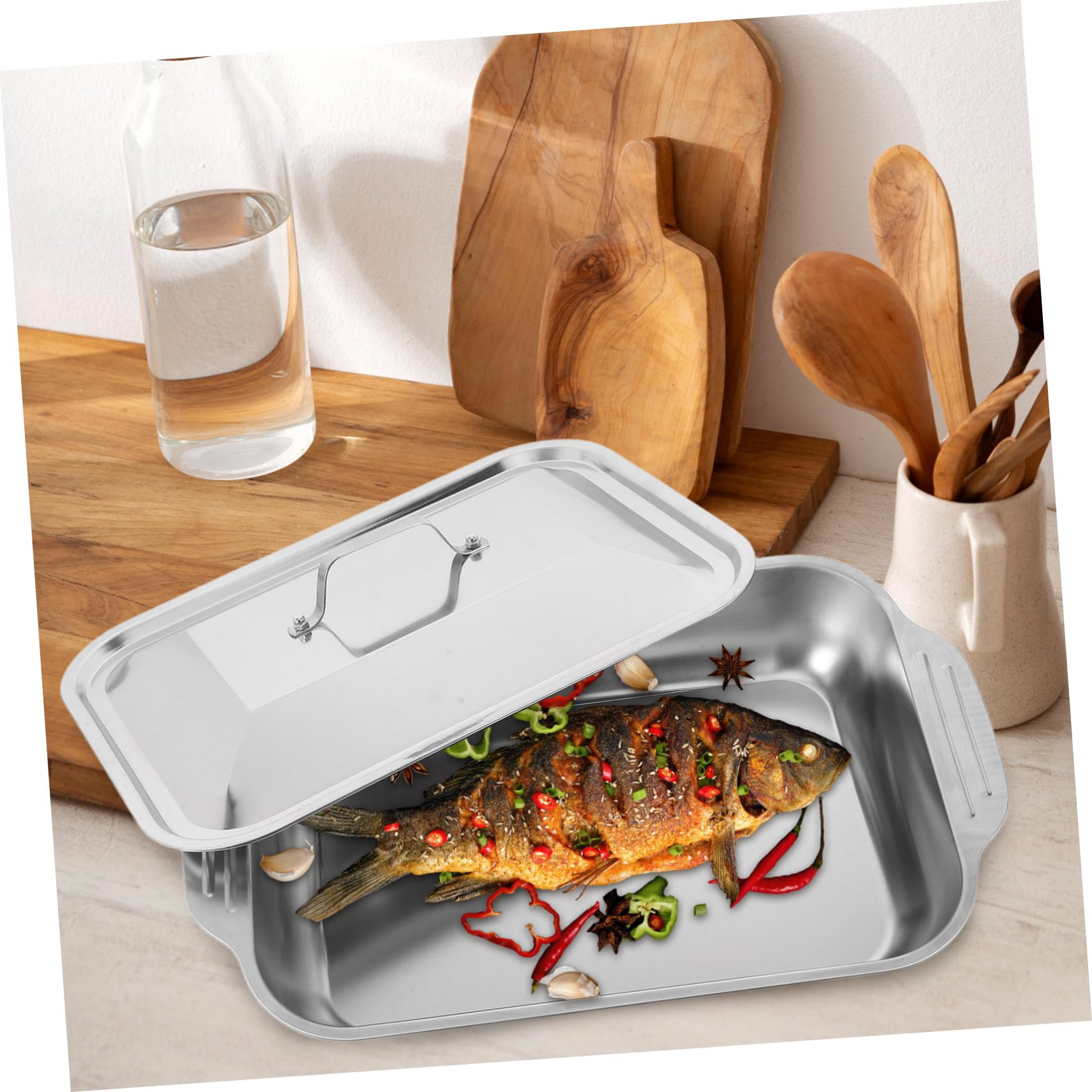 Asar y Hornear Bandeja Rectangular de Acero Inoxidable con Diseño Profundo y Resistente Pescado y Carnes para Uso en Parrilla y Horno