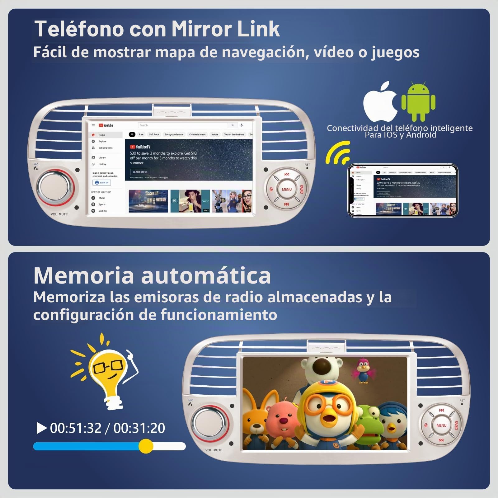 Radio de Coche Doble DIN Compatible con CarPlay Inalámbrico Android para Fiat 500 2007-2015 Pulgadas IPS Radio Bluetooth/FM/Am/USB/EQ