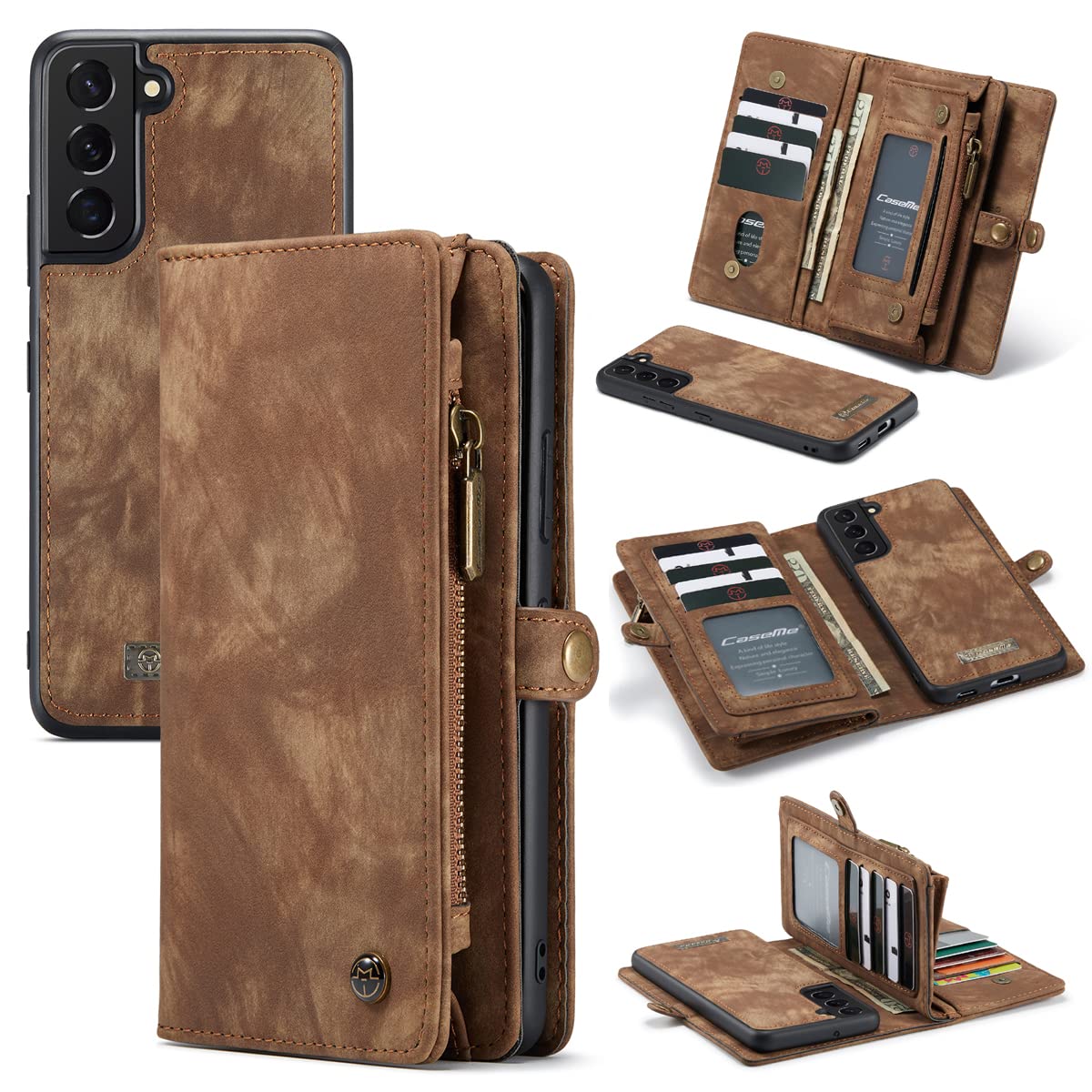 AKHVRS for Samsung S22 Wallet Case,Leather Phone Wallet Zip Purse Detachable Magnetic Case Flip Folio Wallet Case Shockproof Cover with Card Slots Wallet for Samsung S22 6.1" Brown