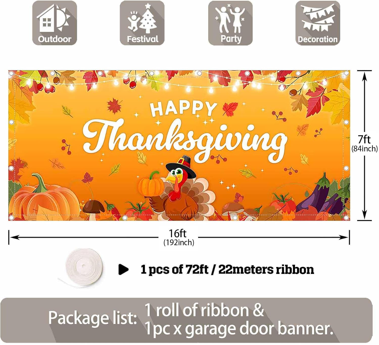 1PC 16x7ft Happy Thanksgiving Door Banner Decorations Maple Leaf Pumpkin Turkey Farm Harvest Photography Backdrop Home Outdoor Wall Cover Holiday Party Supplies