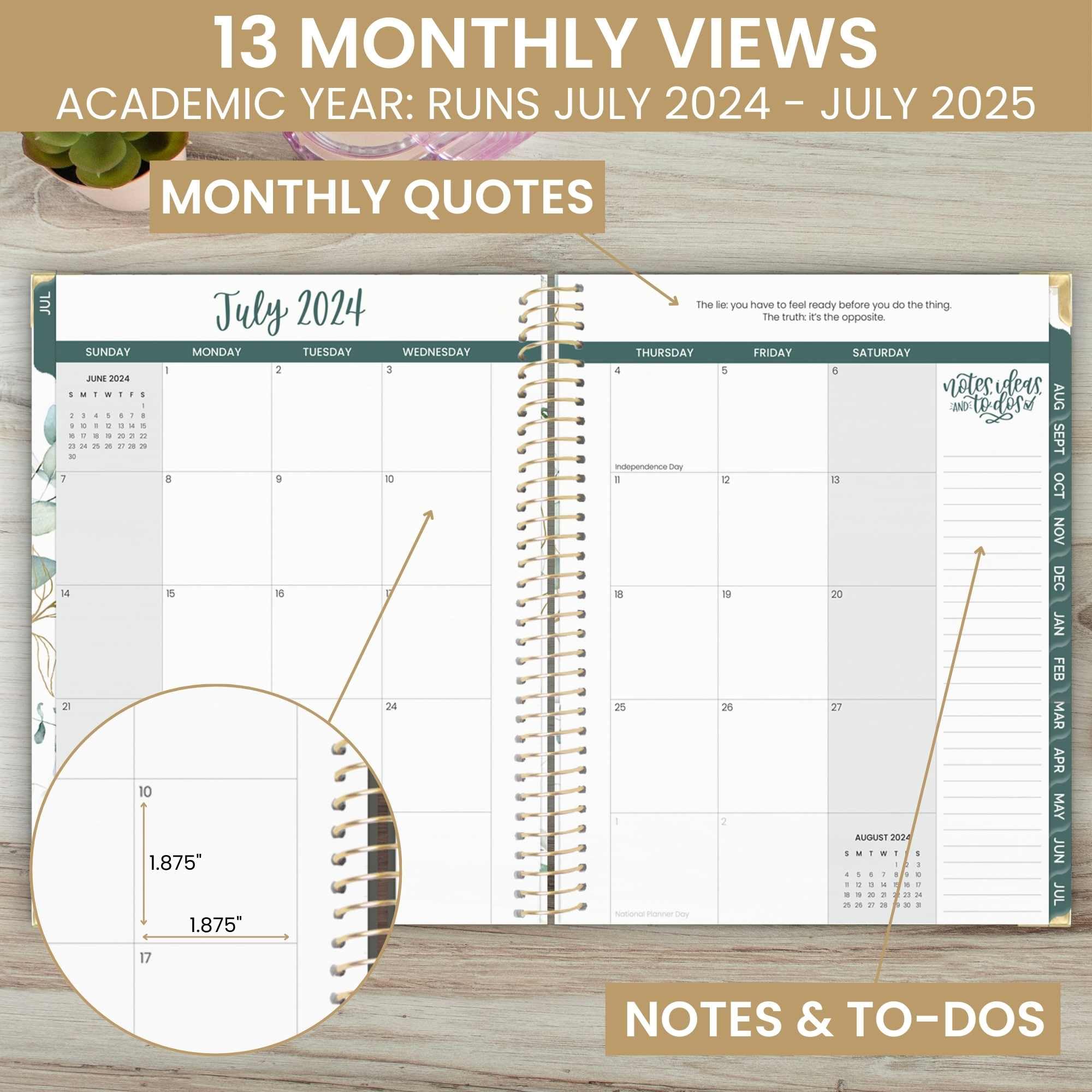 Hardcover, agenda bloom daily planners 2024-2025 (21,6 x 27,9 cm) per anno accademico (luglio 2024 - luglio 2025), organizer per passioni/obiettivi, agenda mensile e settimanale, eucalipto, bianco
