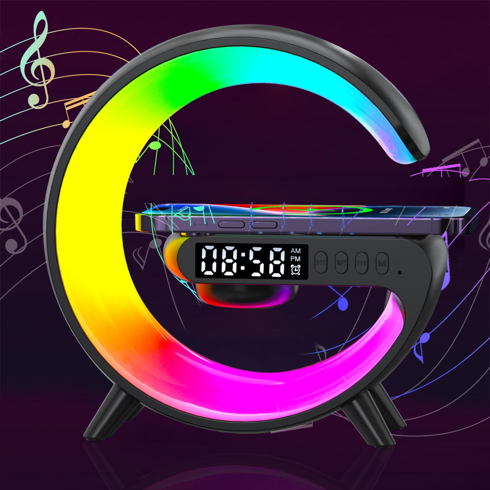 G-Shaped lamp Atmosphere RGB Mood Light, LED Bedside 4-in-1 Alarm Clock, Speaker & Wireless Charger for Home Decor, Bedroom, Office, Gifts (Black)