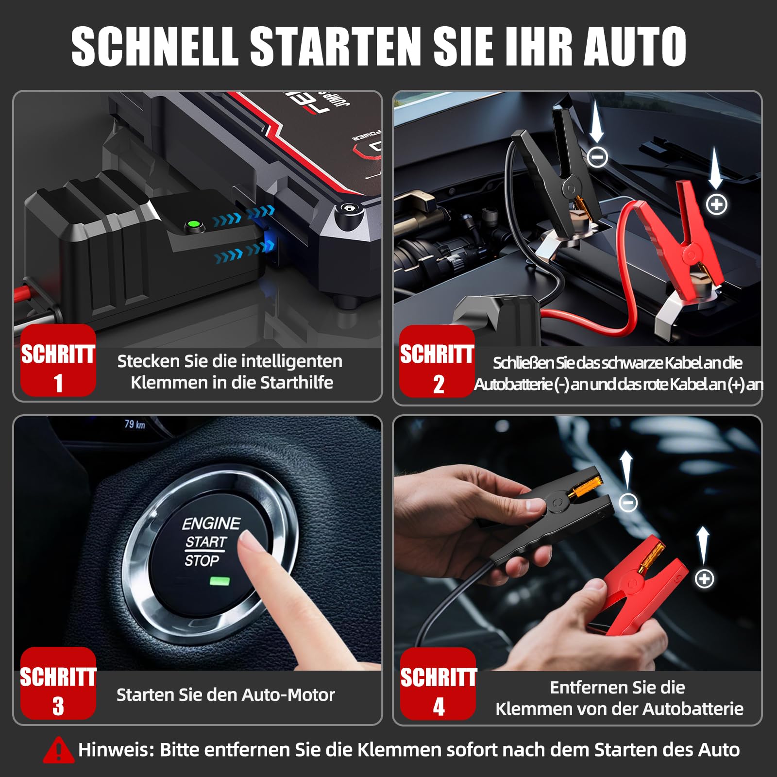 FEIKFEIZ Auto Starthilfe Powerbank, 6000A Spitzenstrom 26800mAh, Geeignet für 12V Auto Batterie (Alle Benzin und Bis Zu 8,0L Diesel), mit USB-Ladeausgang und LED-Licht