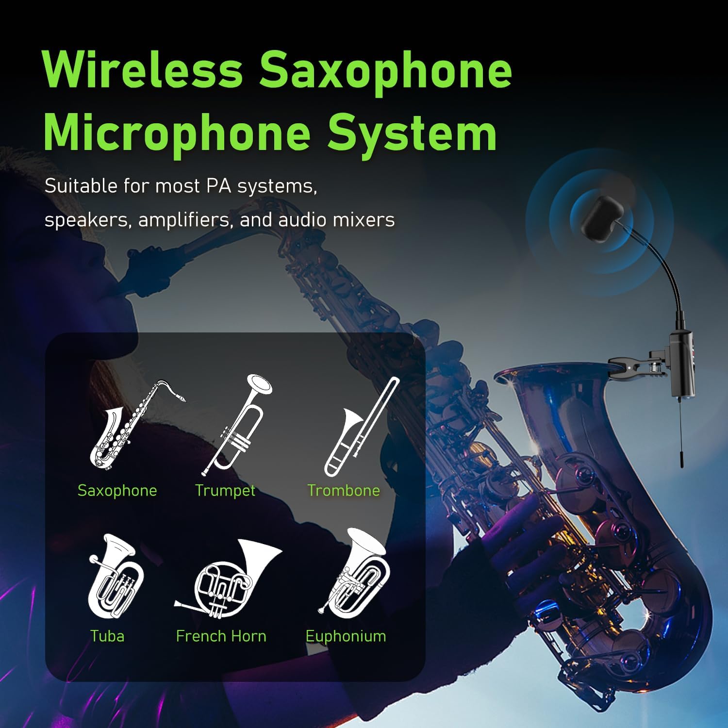 UHF Wireless Saxophone Microphone System Wireless Transmitter and Receiver Clip-on Instrument Microphones & Systems Mic for Trumpet, Sax, Musician, Active PA Systems, ST-5