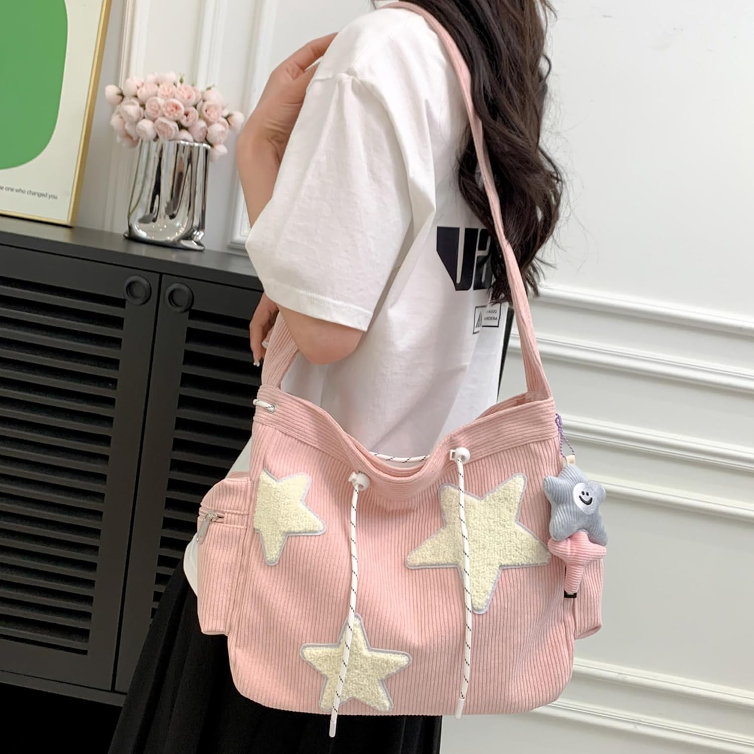Makukke Y2K Corduroy Shoulder Bag Women, Cute Tote Bag Large Crossbody Bag for Office Work Travel Shopping