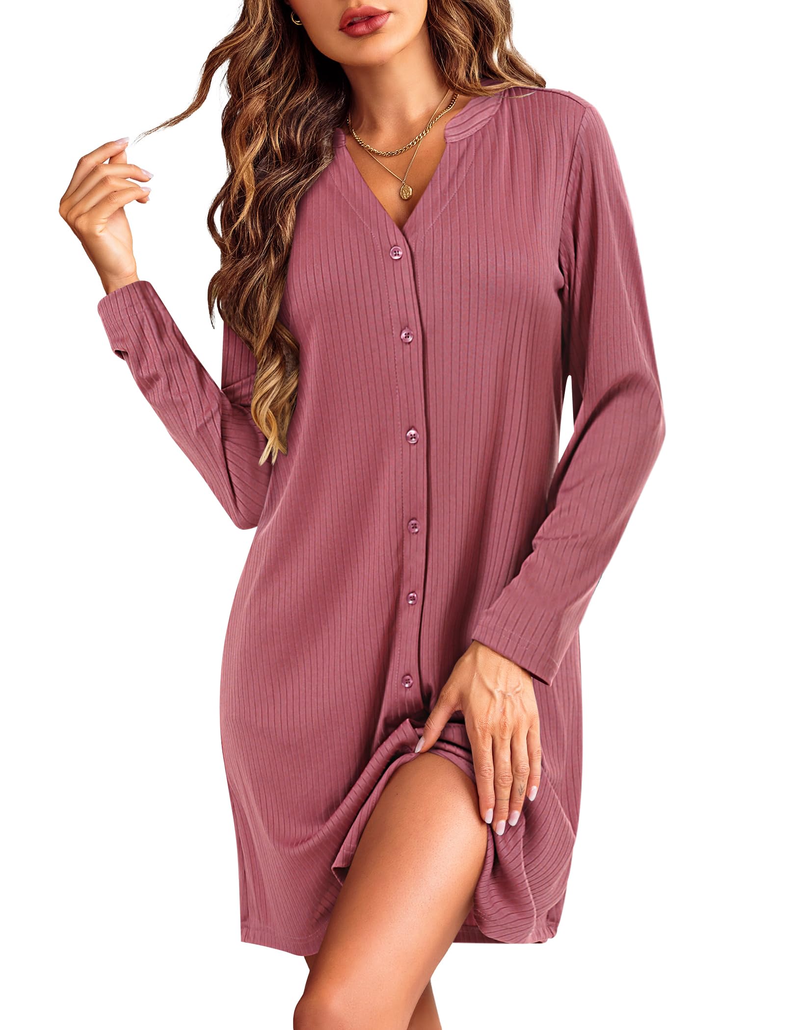 Ekouaer Camicie da Notte da Donna Manica Lunga Scollo a V Camicia da Notte Invernale Pigiama Comodo Ampio Tinta Unita Abbigliamentoda Casa S-2XL
